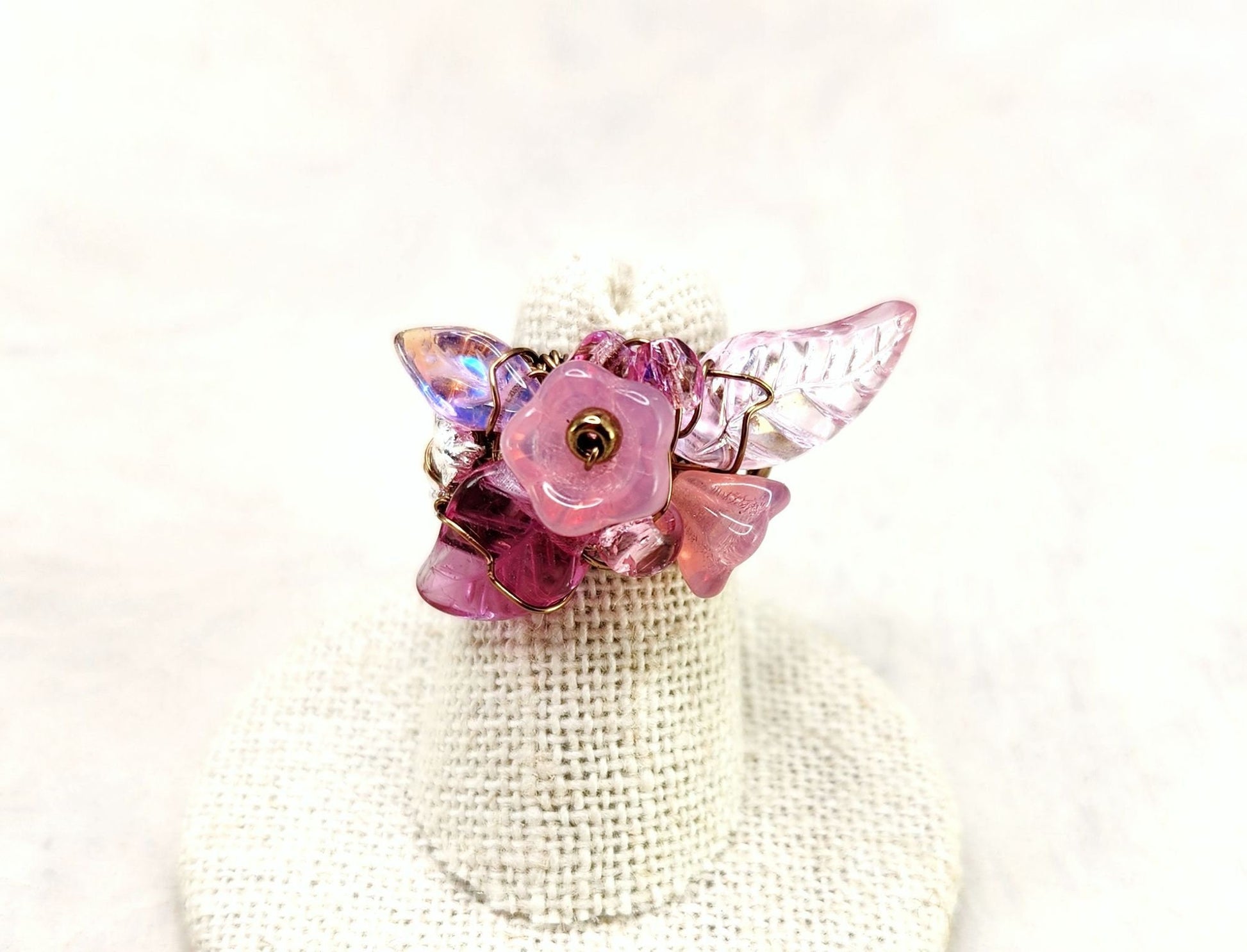 Fairytale Forest Fantasy Floral Ring in Pink Renaissance Adjustable Wire