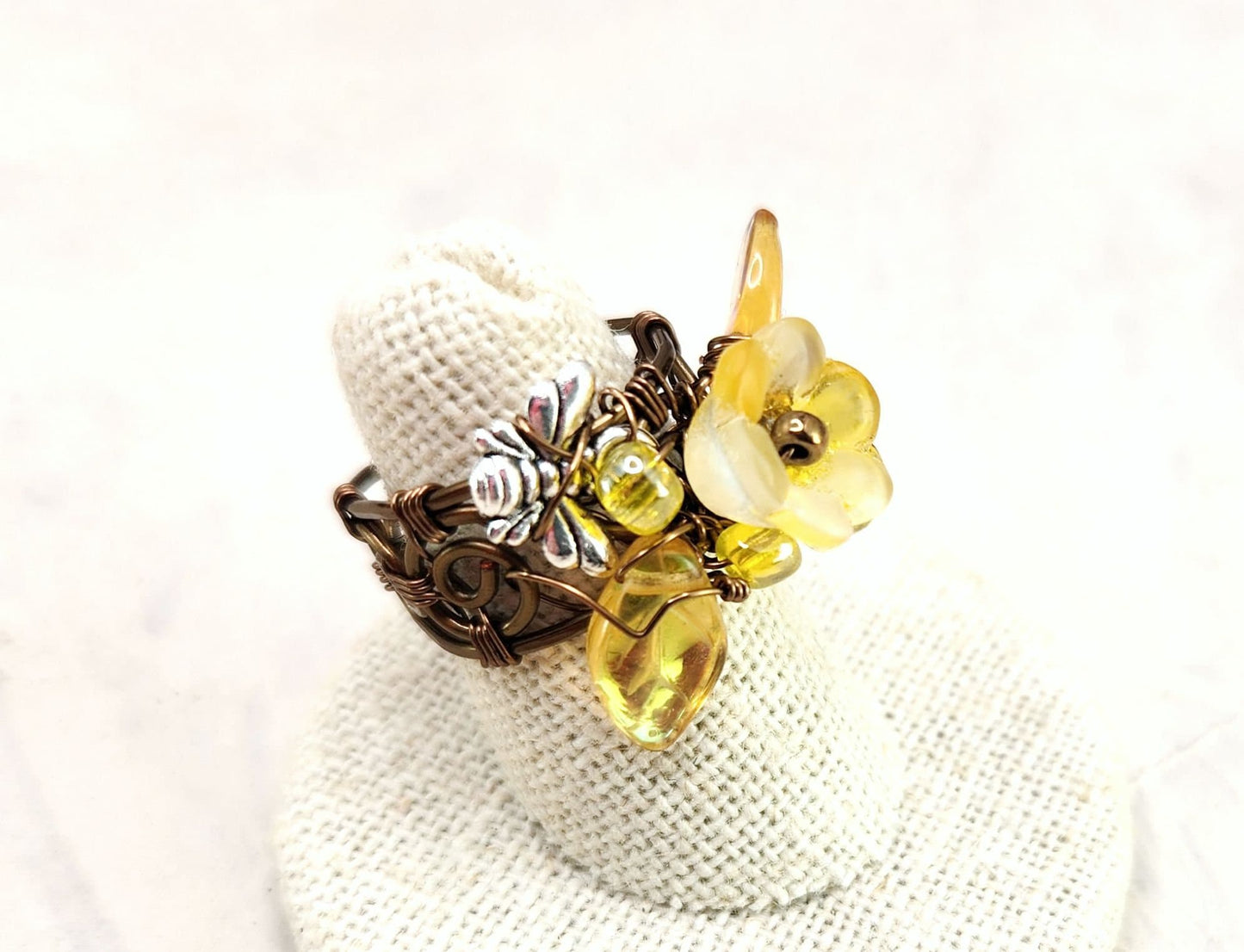 Fairytale Forest Fantasy Floral Ring in Yellow Renaissance Adjustable Wire