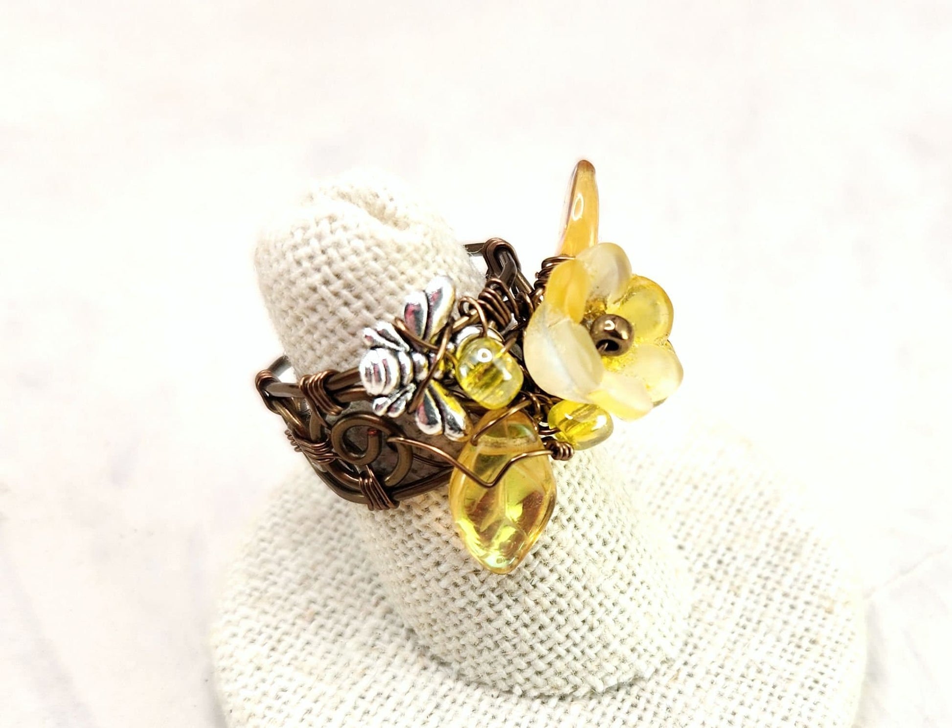Fairytale Forest Fantasy Floral Ring in Yellow Renaissance Adjustable Wire