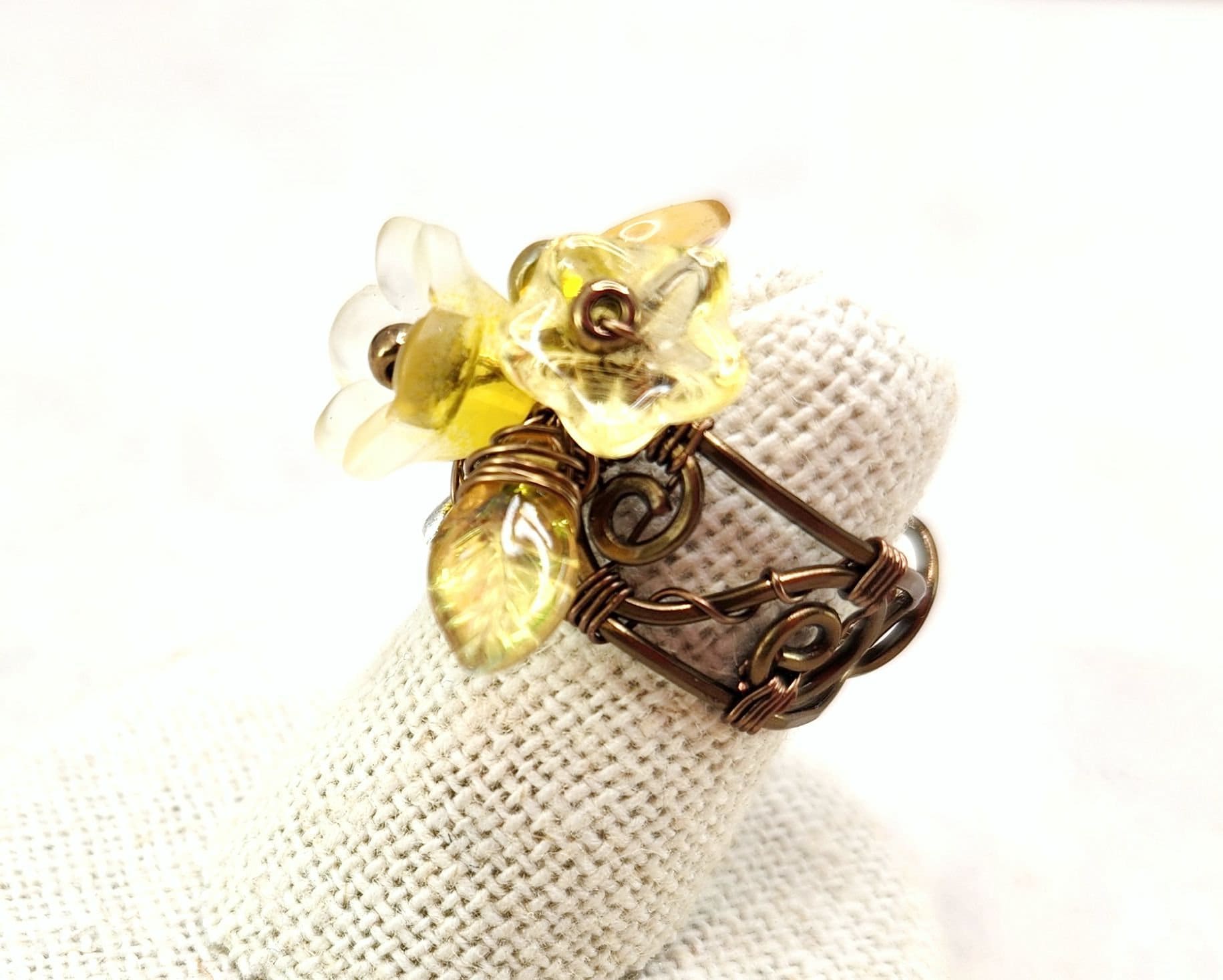 Fairytale Forest Fantasy Floral Ring in Yellow Renaissance Adjustable Wire