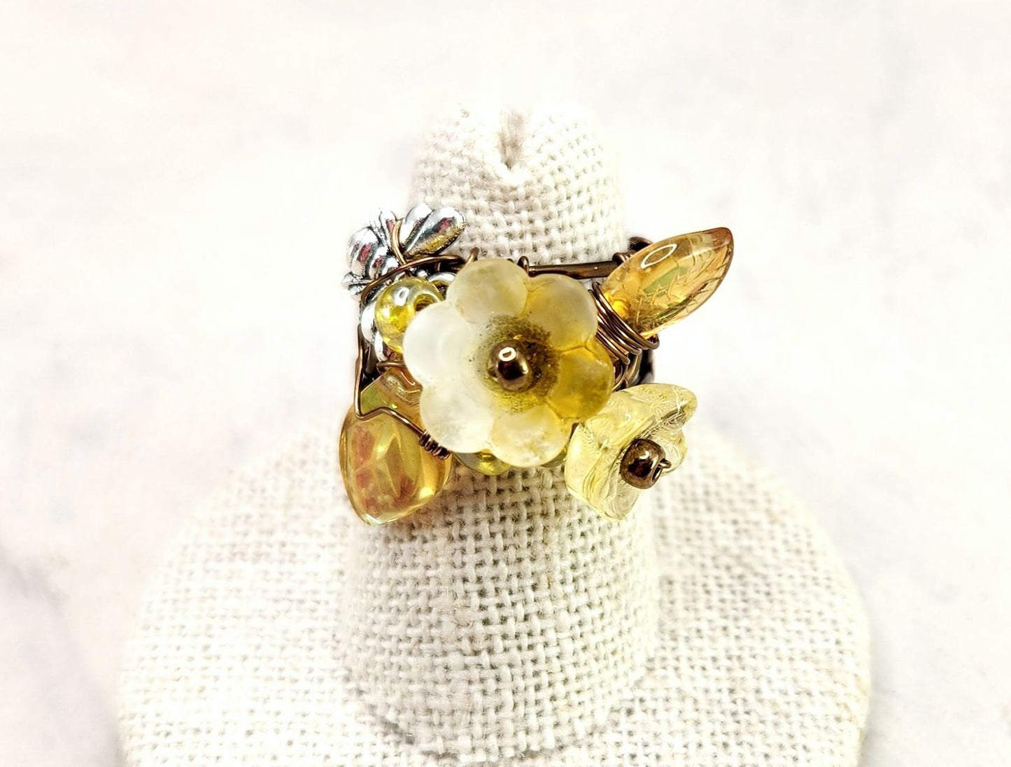 Fairytale Forest Fantasy Floral Ring in Yellow Renaissance Adjustable Wire