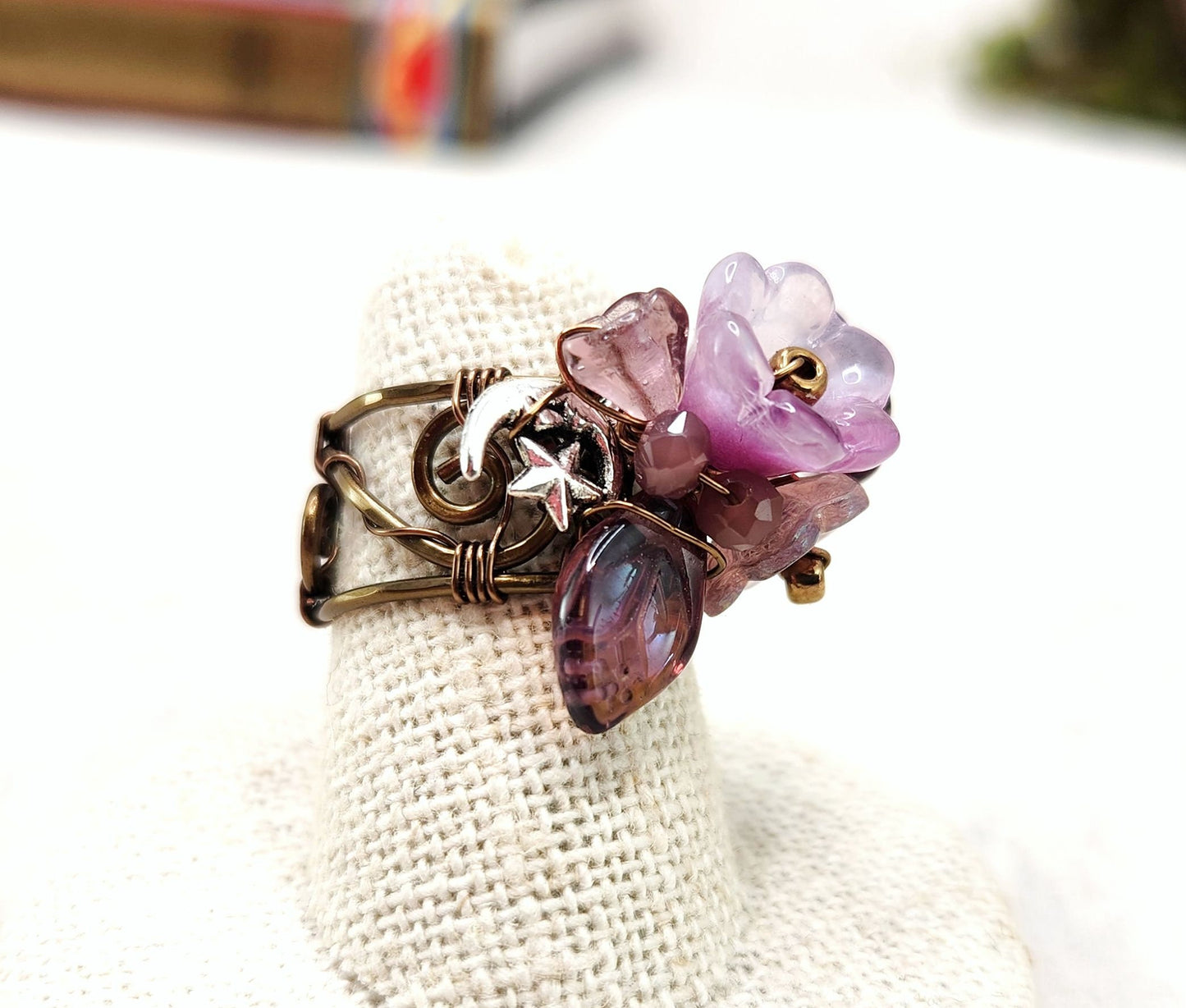 Fairytale Forest Fantasy Floral Ring in Purple with Moon + Star Celestial Renaissance Adjustable Wire