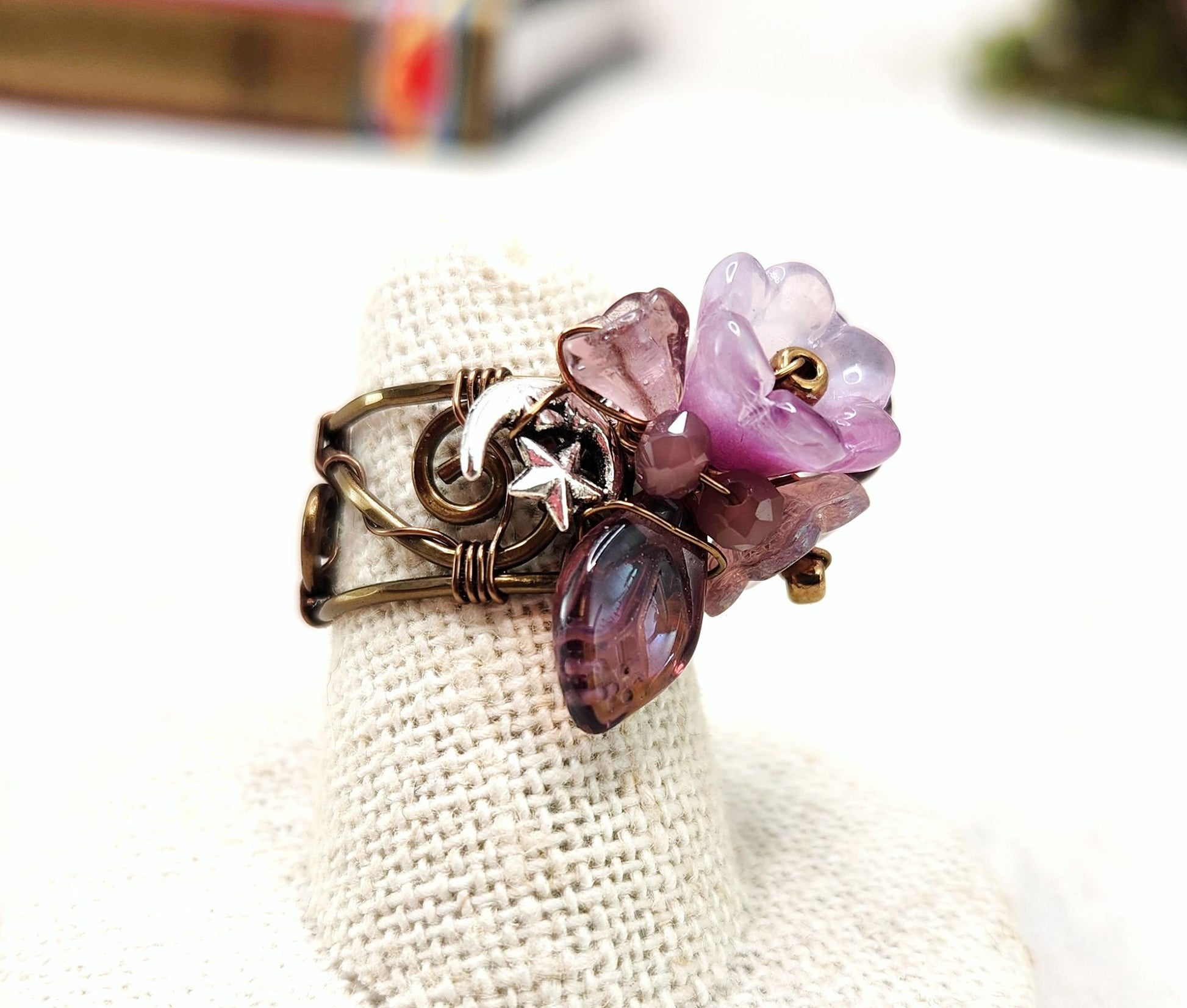 Fairytale Forest Fantasy Floral Ring in Purple with Moon + Star Celestial Renaissance Adjustable Wire
