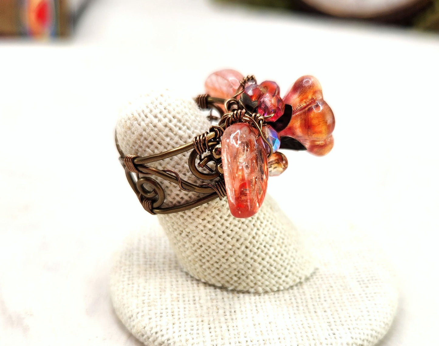 Fairytale Forest Fantasy Floral Ring in Peach Pink with Heart Renaissance Adjustable Wire