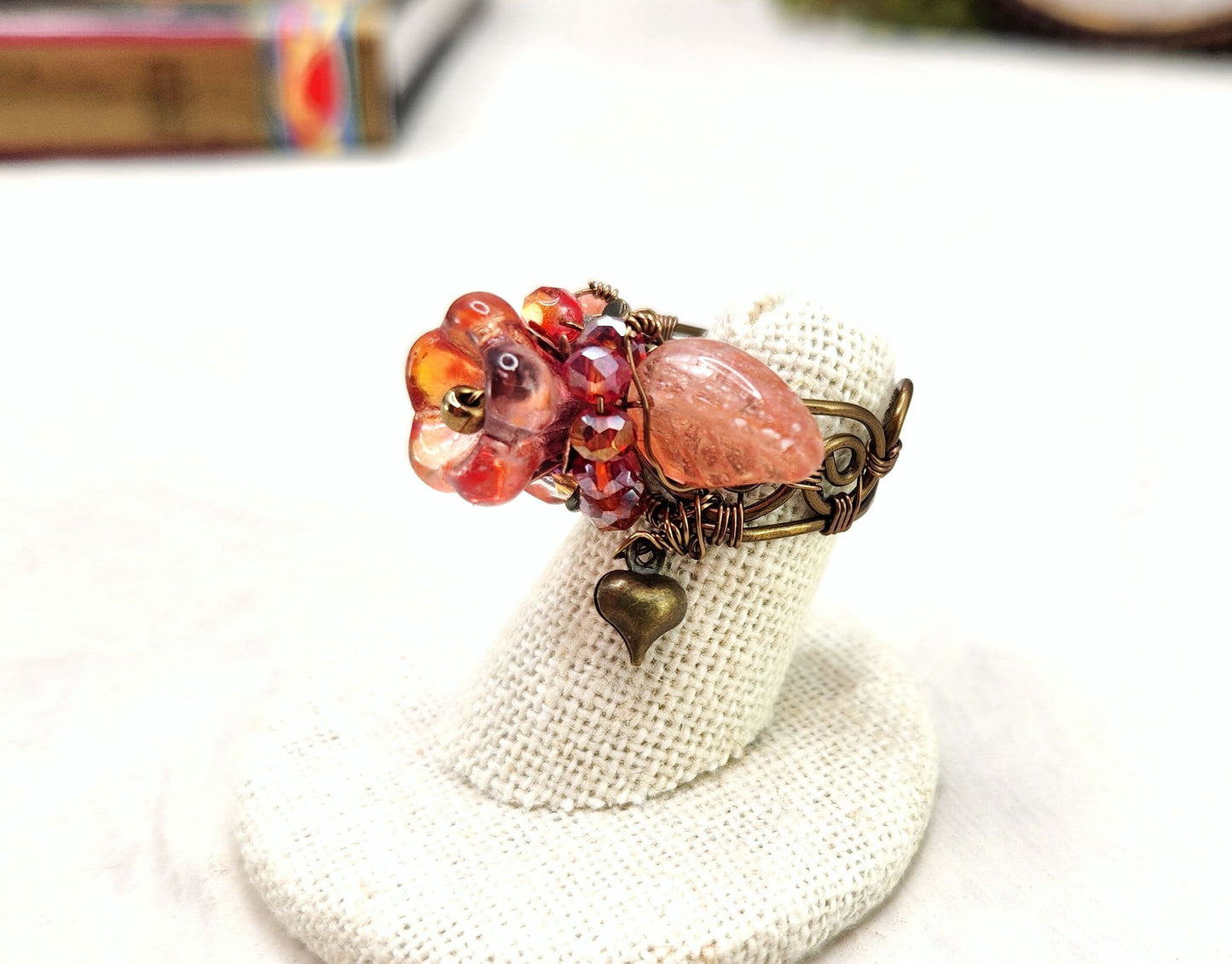 Fairytale Forest Fantasy Floral Ring in Peach Pink with Heart Renaissance Adjustable Wire