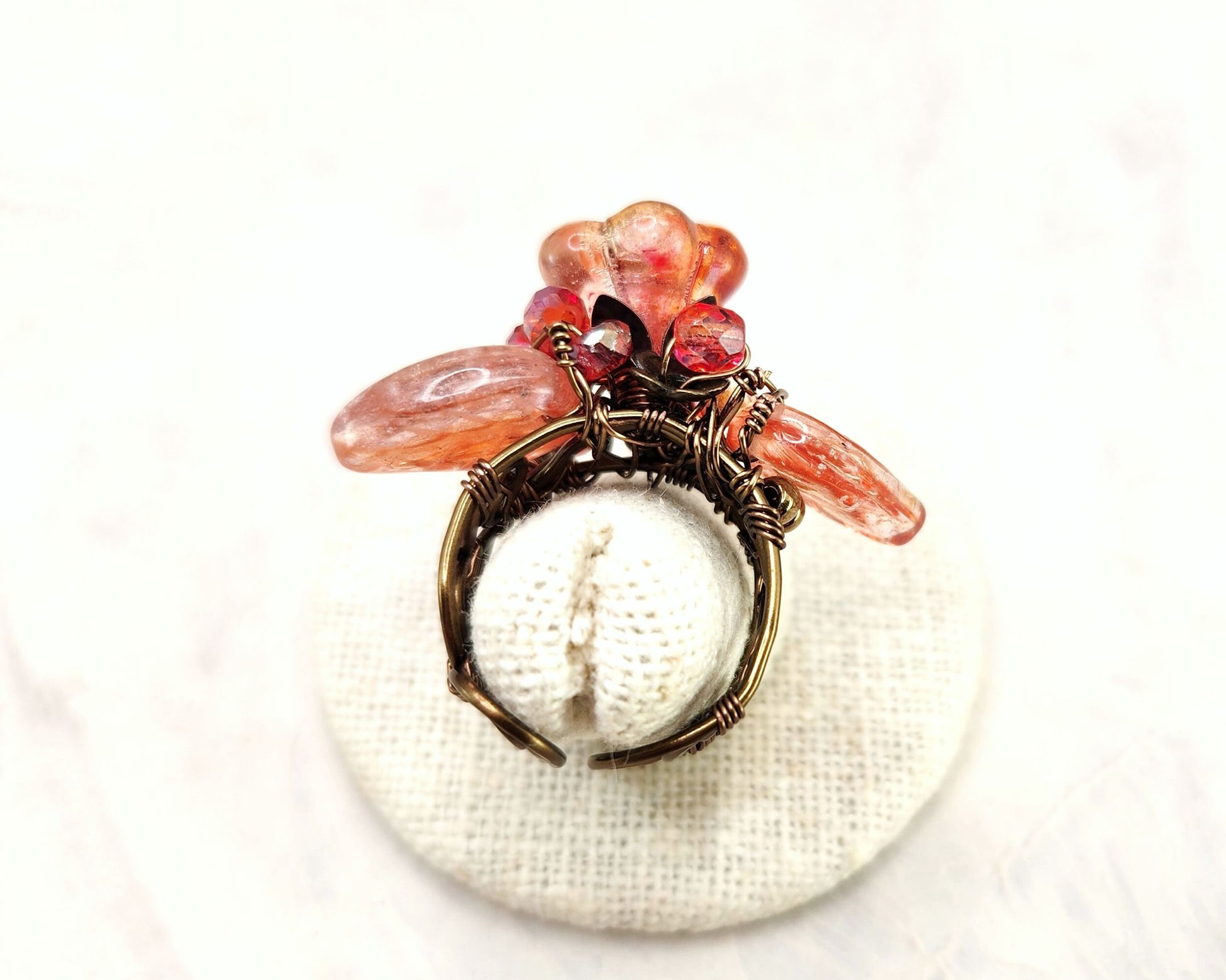 Fairytale Forest Fantasy Floral Ring in Peach Pink with Heart Renaissance Adjustable Wire
