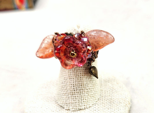 Fairytale Forest Fantasy Floral Ring in Peach Pink with Heart Renaissance Adjustable Wire
