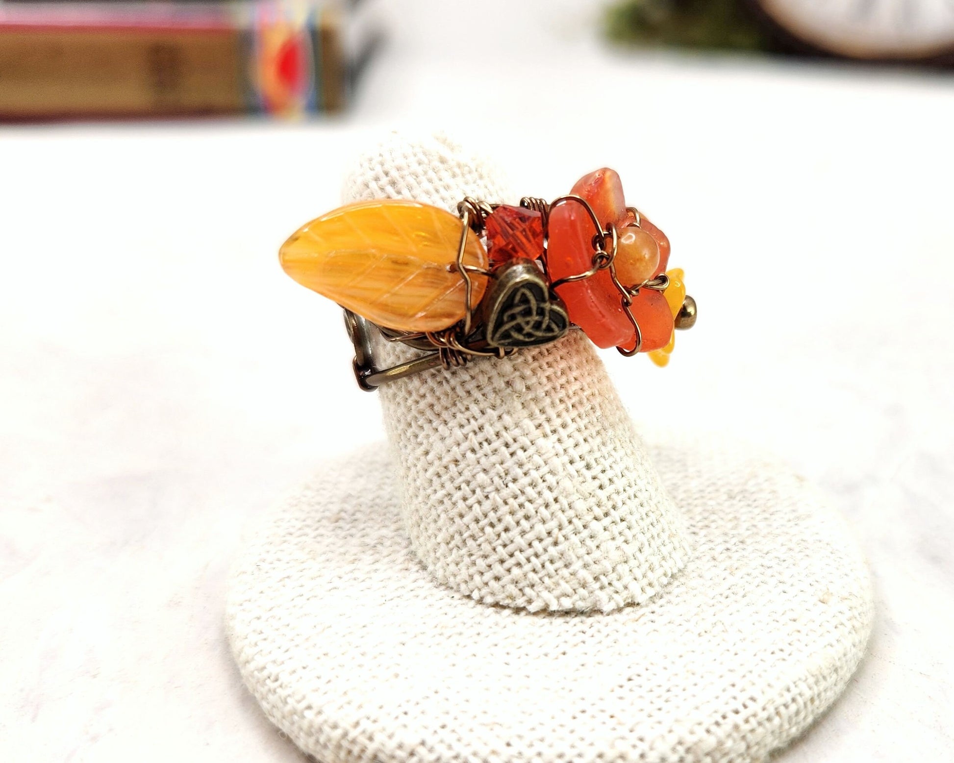 Fairytale Forest Fantasy Floral Ring in Orange with Celtic Heart Renaissance Adjustable Wire