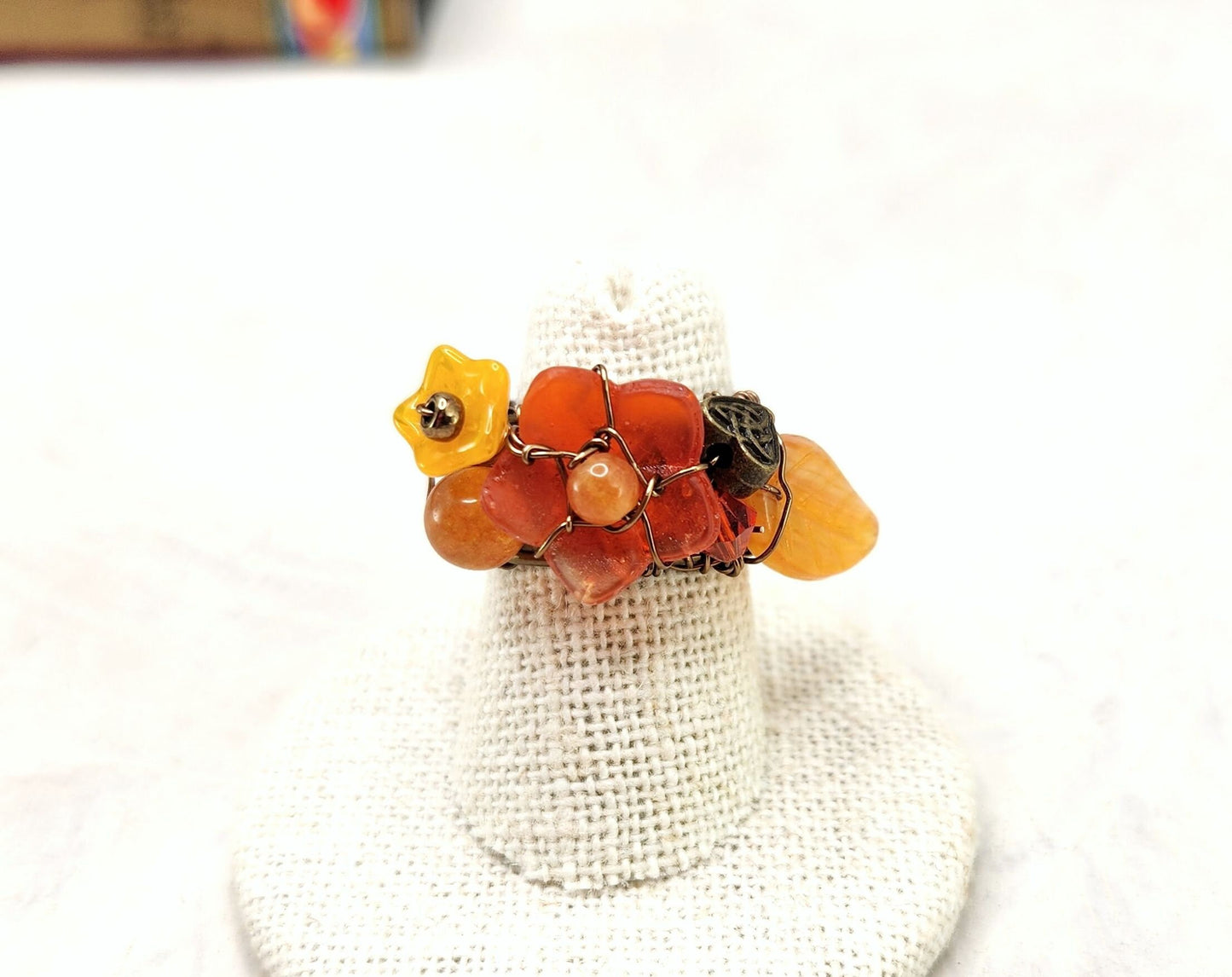 Fairytale Forest Fantasy Floral Ring in Orange with Celtic Heart Renaissance Adjustable Wire