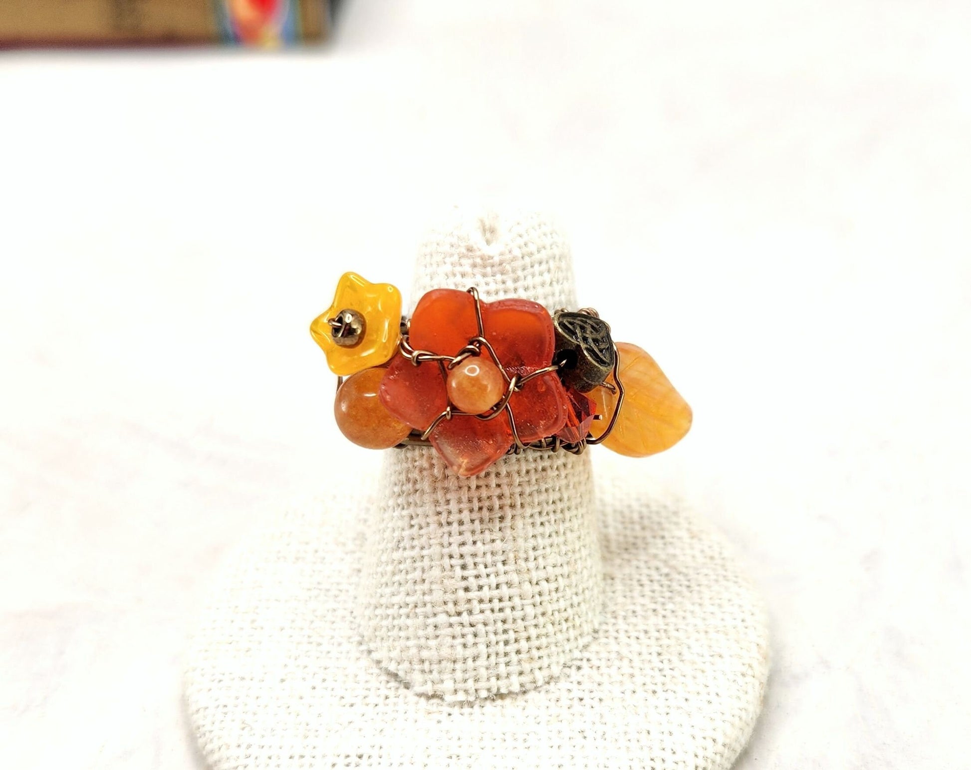Fairytale Forest Fantasy Floral Ring in Orange with Celtic Heart Renaissance Adjustable Wire