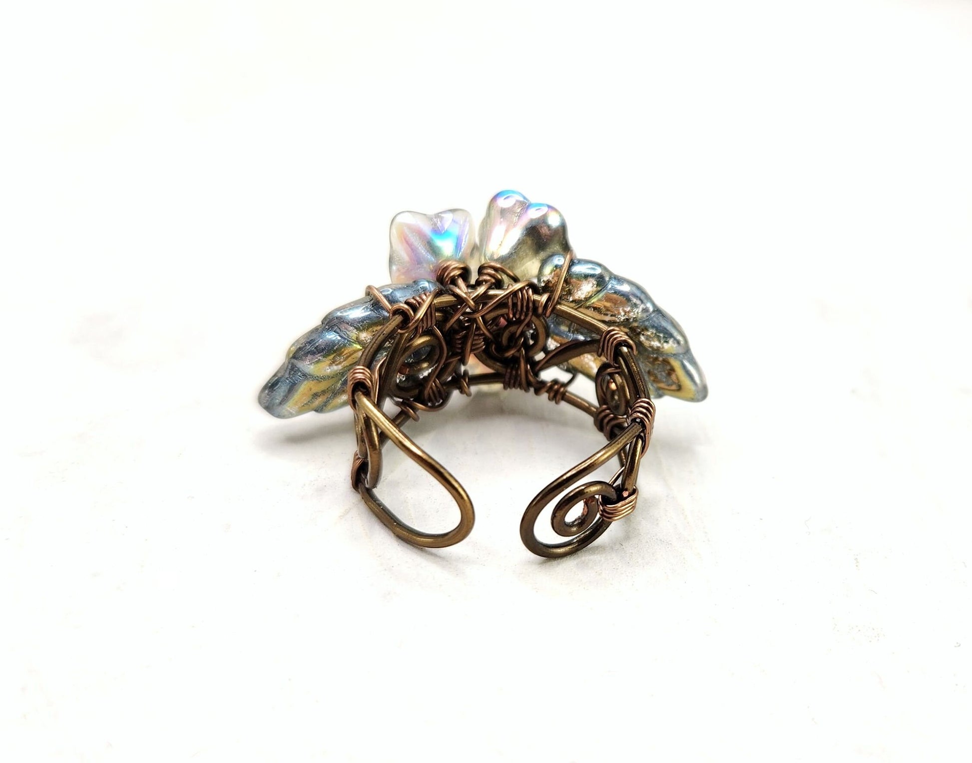 Fairytale Forest Fantasy Floral Ring in Rainbow Mercury Silver Renaissance Adjustable Wire