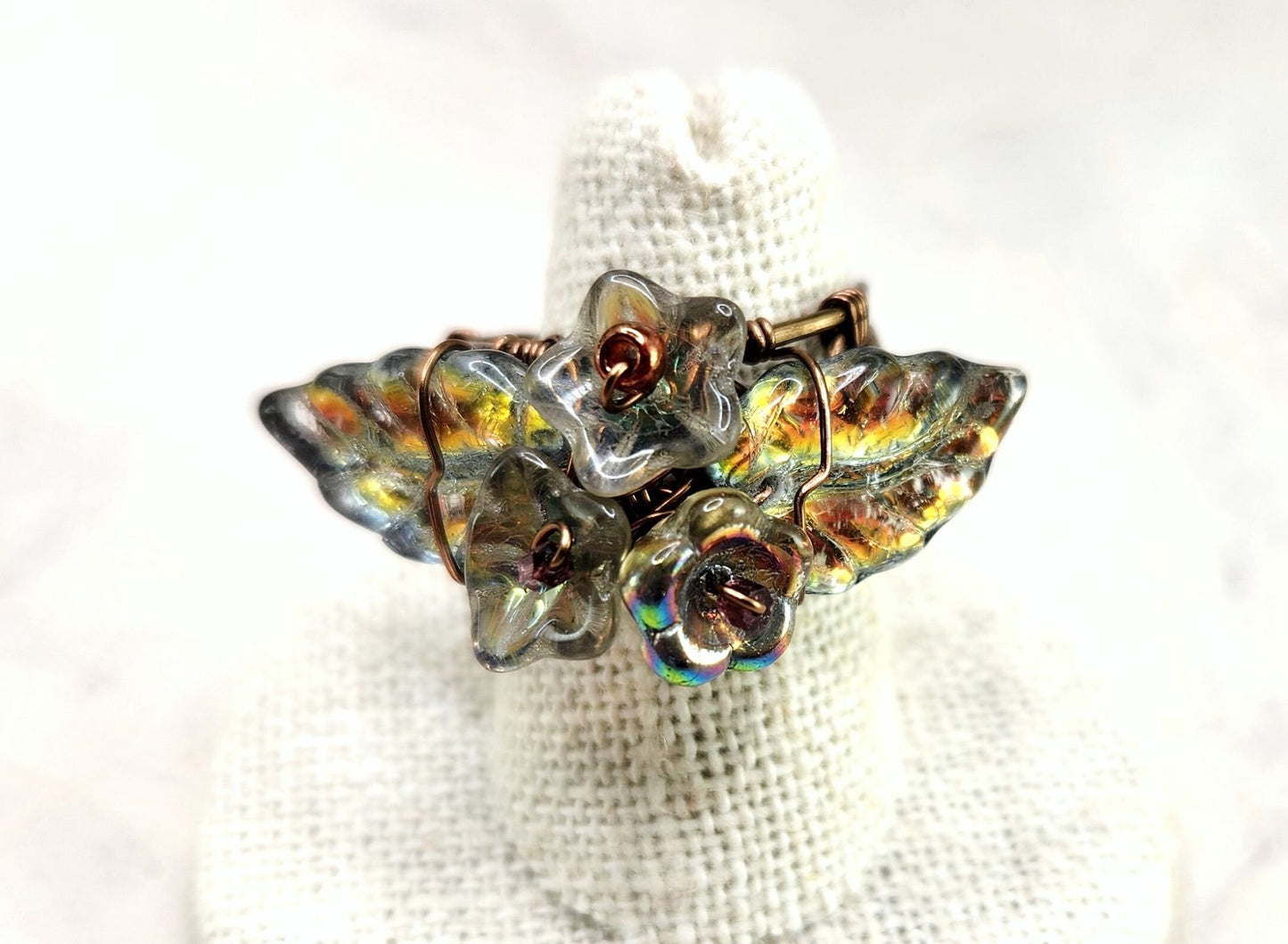 Fairytale Forest Fantasy Floral Ring in Rainbow Mercury Silver Renaissance Adjustable Wire