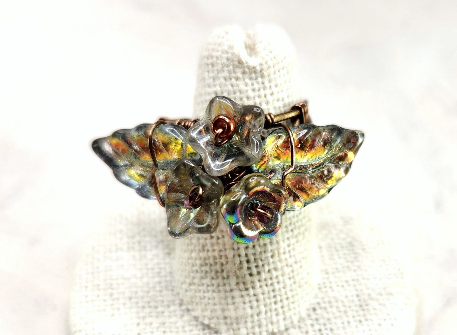 Fairytale Forest Fantasy Floral Ring in Rainbow Mercury Silver Renaissance Adjustable Wire