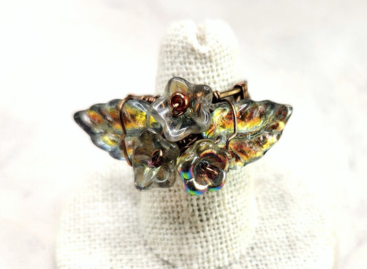 Fairytale Forest Fantasy Floral Ring in Rainbow Mercury Silver Renaissance Adjustable Wire