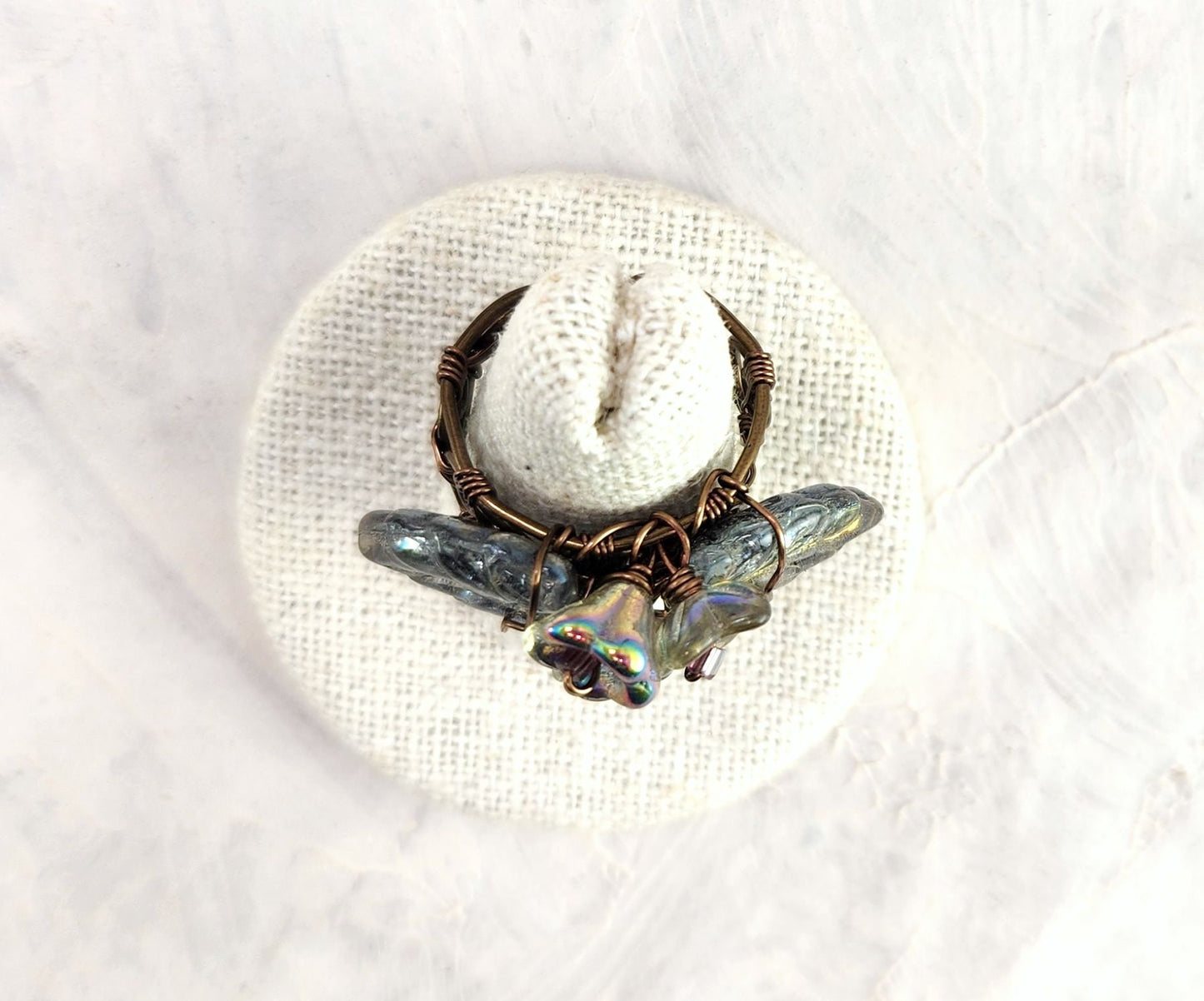 Fairytale Forest Fantasy Floral Ring in Rainbow Mercury Silver Renaissance Adjustable Wire