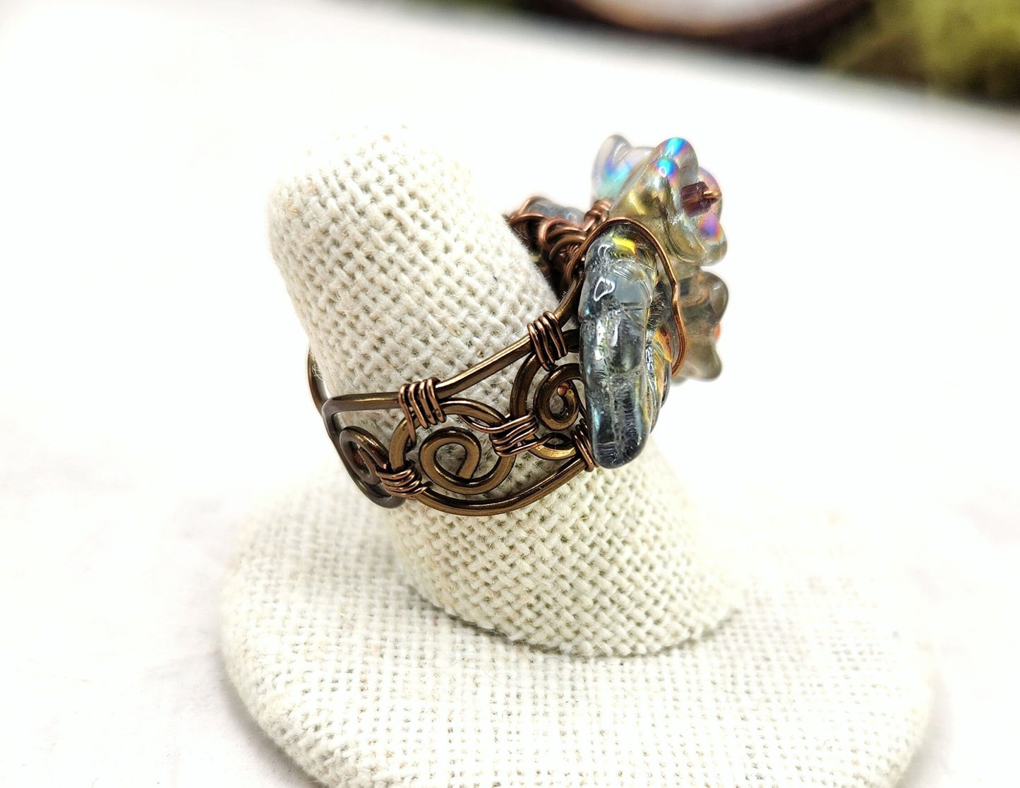 Fairytale Forest Fantasy Floral Ring in Rainbow Mercury Silver Renaissance Adjustable Wire