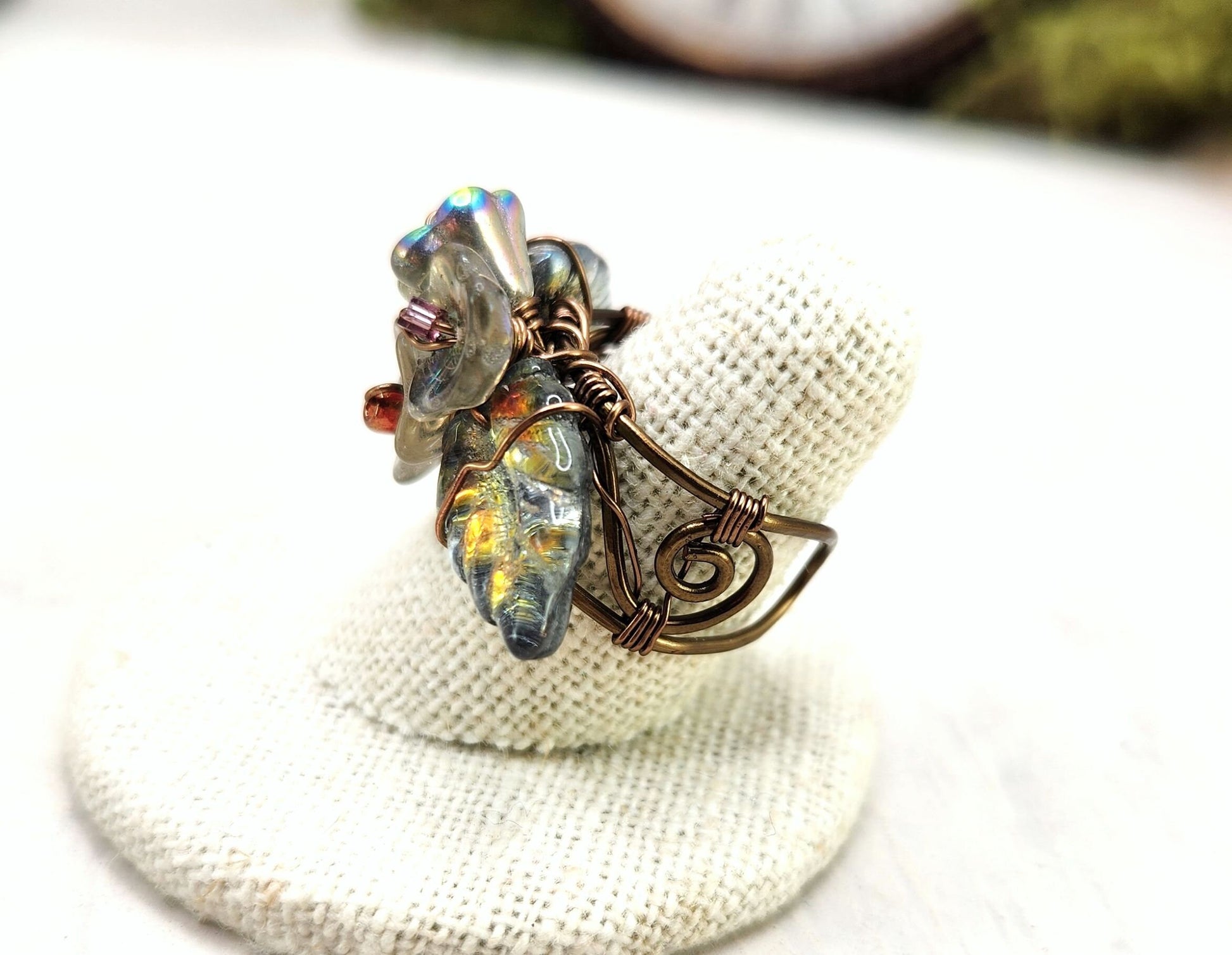 Fairytale Forest Fantasy Floral Ring in Rainbow Mercury Silver Renaissance Adjustable Wire