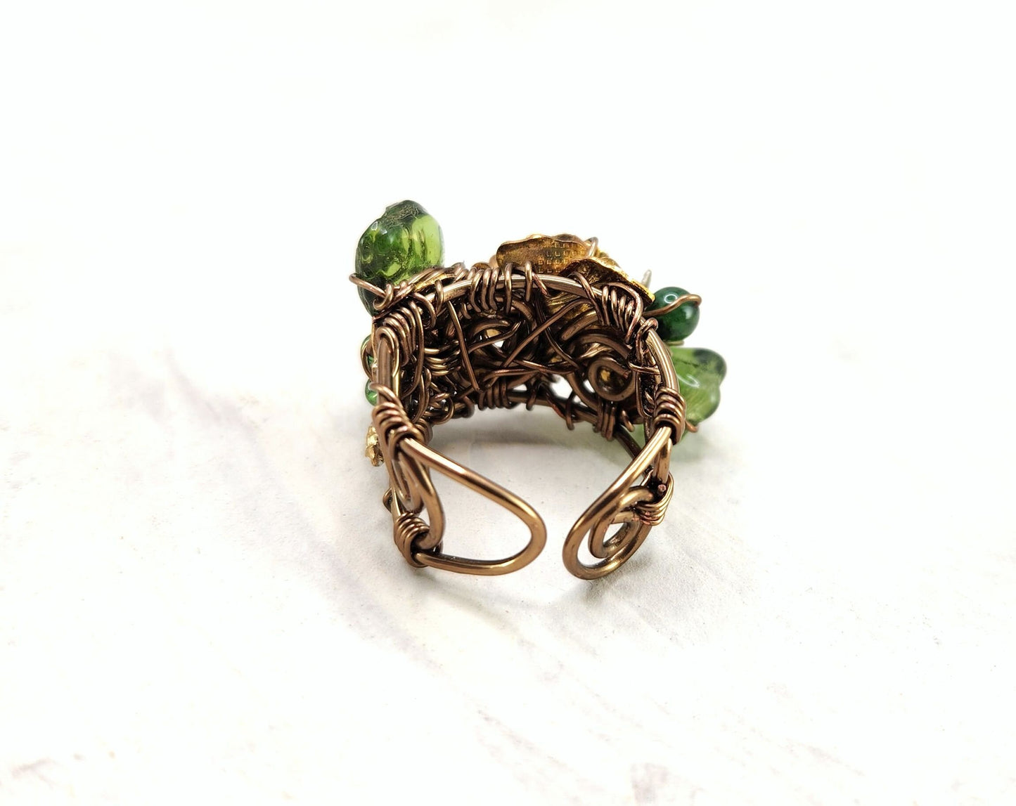 Fairytale Forest Fantasy Floral Ring in Green with Bee Renaissance Adjustable Wire