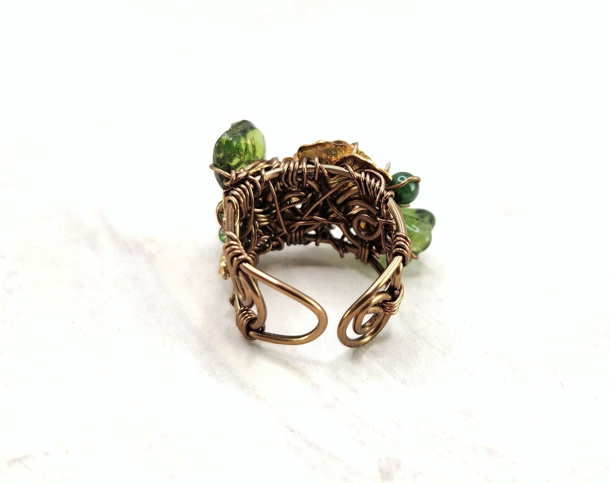 Fairytale Forest Fantasy Floral Ring in Green with Bee Renaissance Adjustable Wire