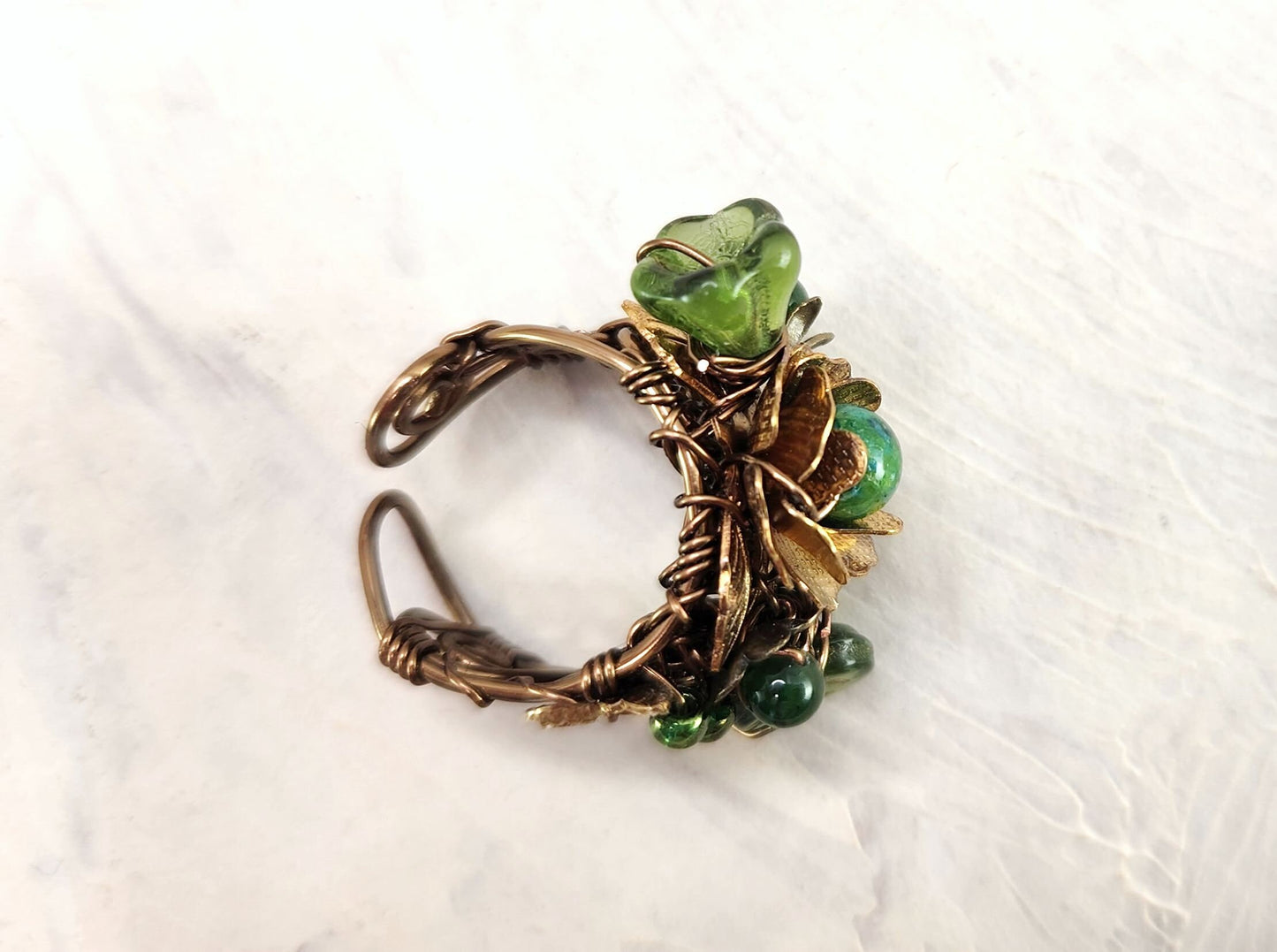 Fairytale Forest Fantasy Floral Ring in Green with Bee Renaissance Adjustable Wire