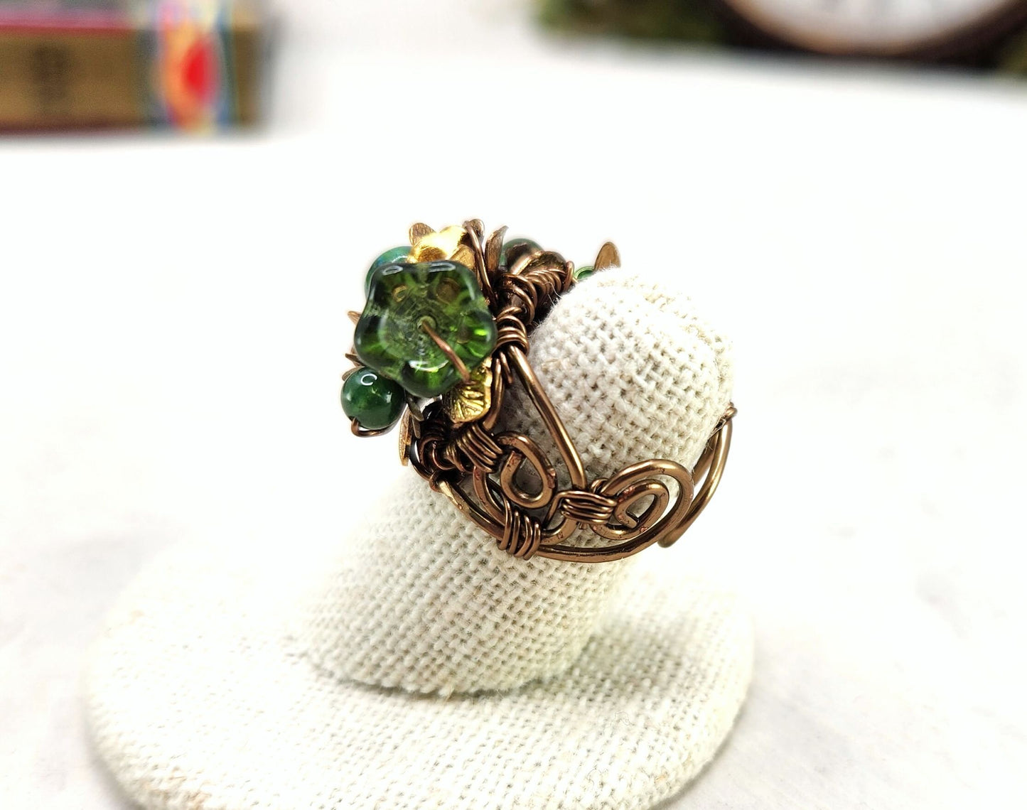 Fairytale Forest Fantasy Floral Ring in Green with Bee Renaissance Adjustable Wire