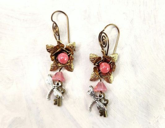 Fairytale Forest Fantasy Rose + Dragonfly + Key Earrings in Antique Pink, Wedding, Bridesmaid, Art Nouveau, Belle Époque, Renaissance