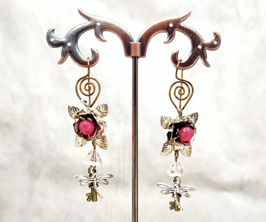 Fairytale Forest Fantasy Rose + Dragonfly + Key Earrings in Pink, Wedding, Bridesmaid, Art Nouveau, Belle Époque, Renaissance