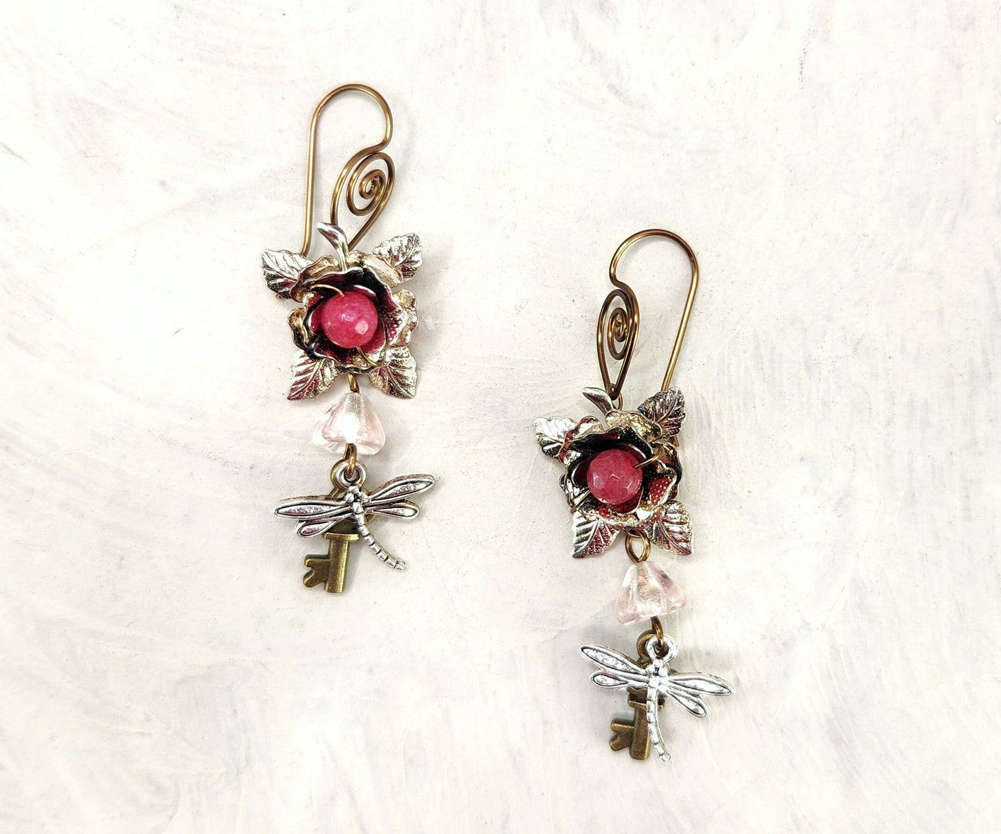 Fairytale Forest Fantasy Rose + Dragonfly + Key Earrings in Pink, Wedding, Bridesmaid, Art Nouveau, Belle Époque, Renaissance
