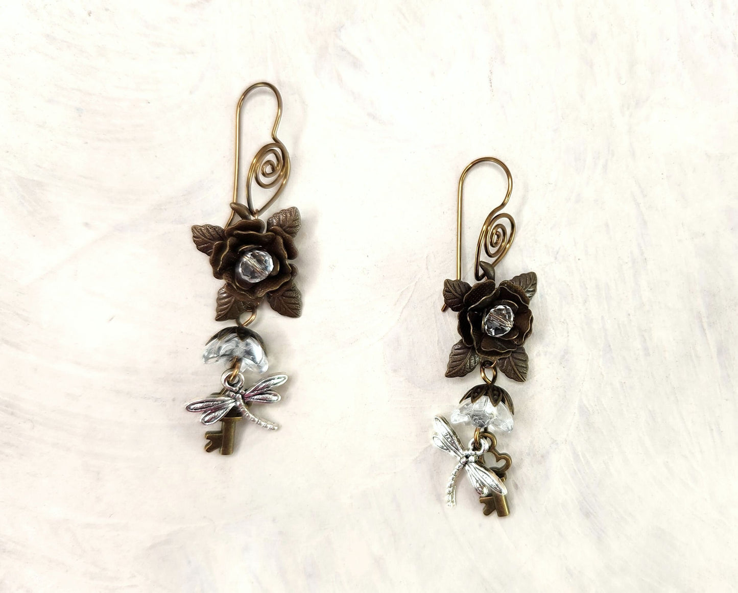 Fairytale Forest Fantasy Rose + Dragonfly + Key Earrings in Clear, Wedding, Bridesmaid, Art Nouveau, Belle Époque, Renaissance