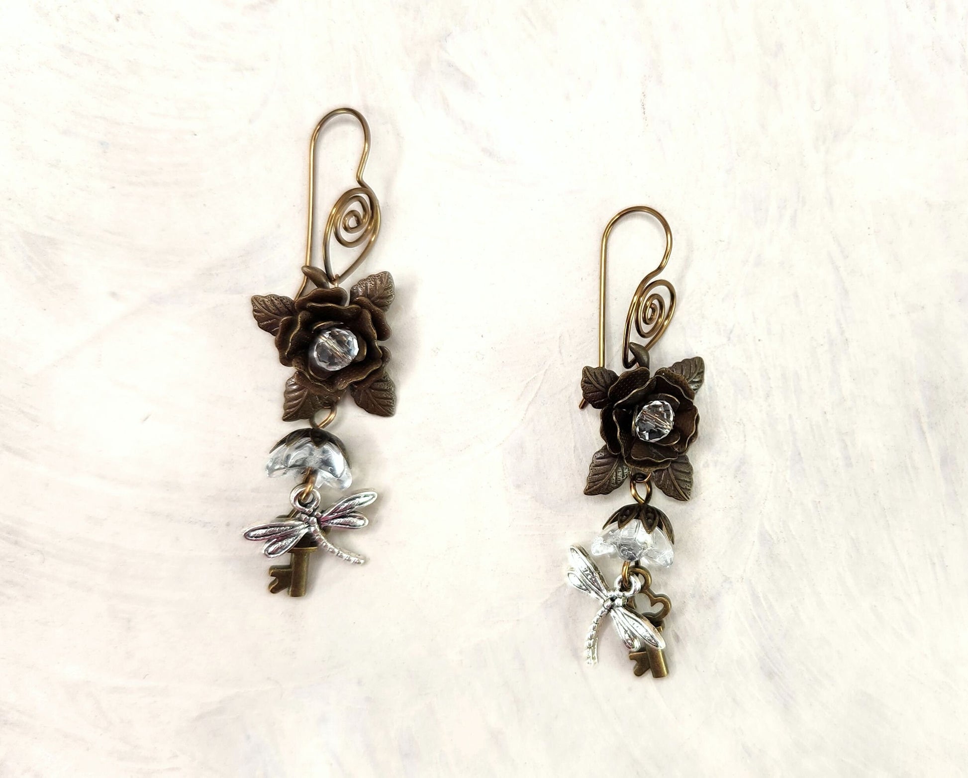 Fairytale Forest Fantasy Rose + Dragonfly + Key Earrings in Clear, Wedding, Bridesmaid, Art Nouveau, Belle Époque, Renaissance