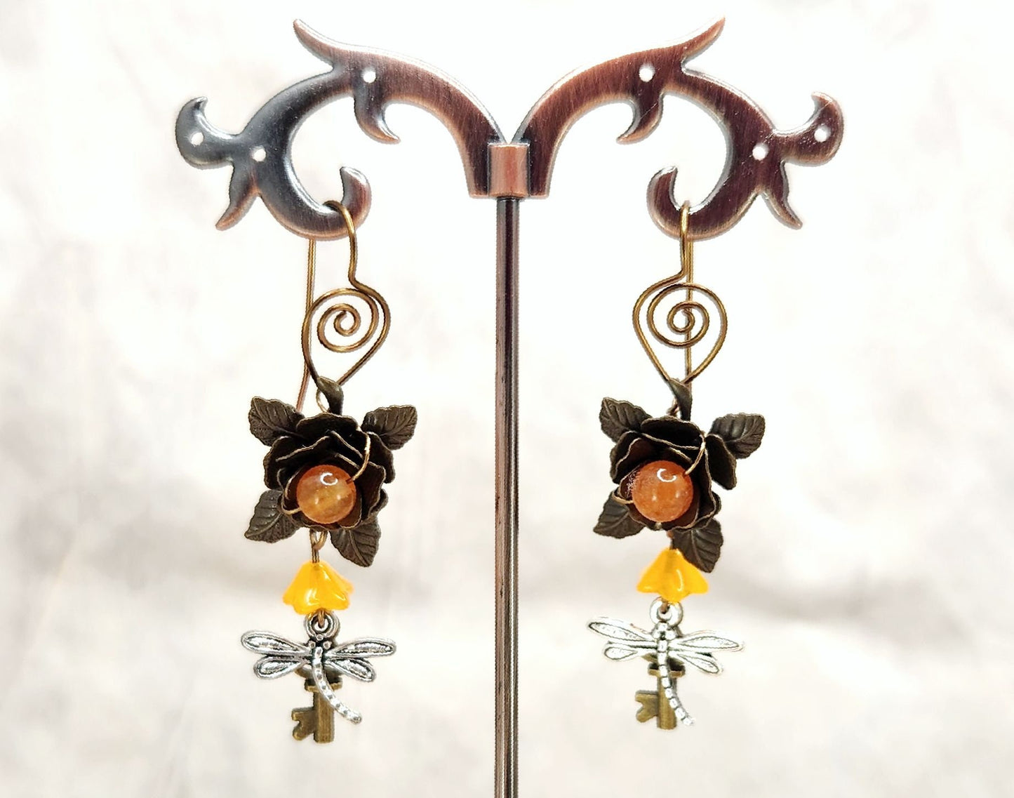 Fairytale Forest Fantasy Rose + Dragonfly + Key Earrings in Orange, Wedding, Bridesmaid, Art Nouveau, Belle Époque, Renaissance