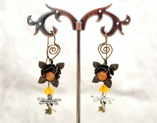 Fairytale Forest Fantasy Rose + Dragonfly + Key Earrings in Orange, Wedding, Bridesmaid, Art Nouveau, Belle Époque, Renaissance