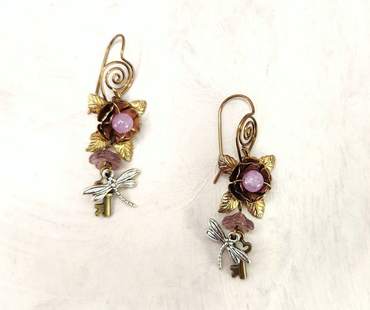 Fairytale Forest Fantasy Rose + Dragonfly + Key Earrings in Purple, Wedding, Bridesmaid, Art Nouveau, Belle Époque, Renaissance