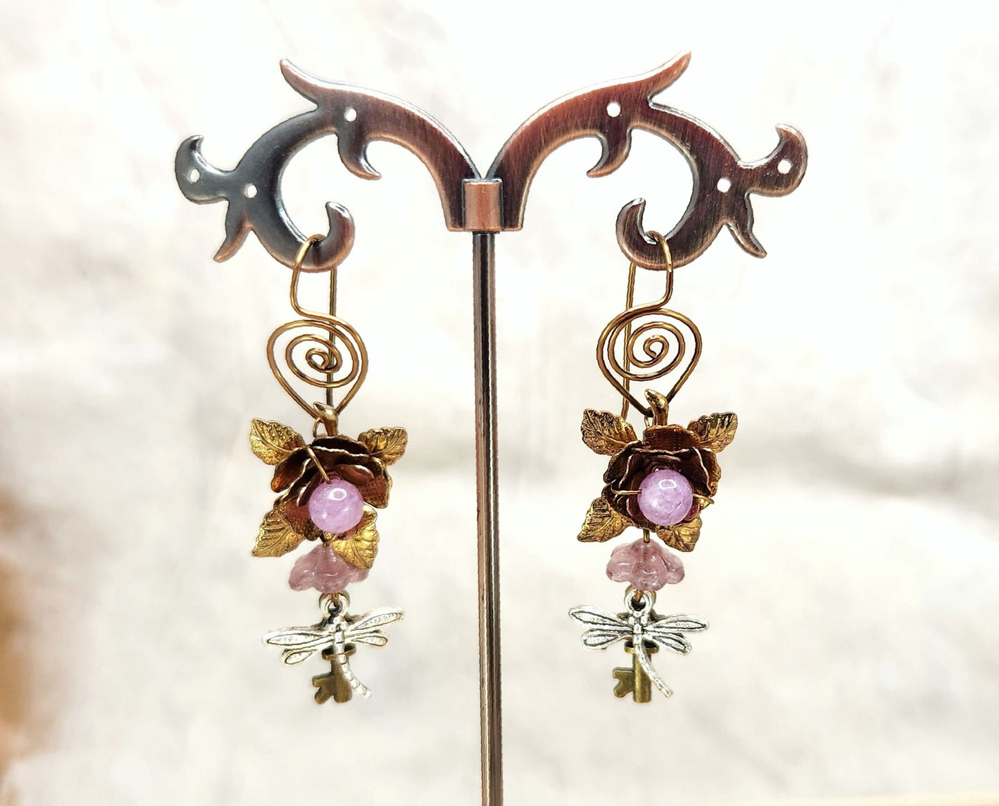 Fairytale Forest Fantasy Rose + Dragonfly + Key Earrings in Purple, Wedding, Bridesmaid, Art Nouveau, Belle Époque, Renaissance