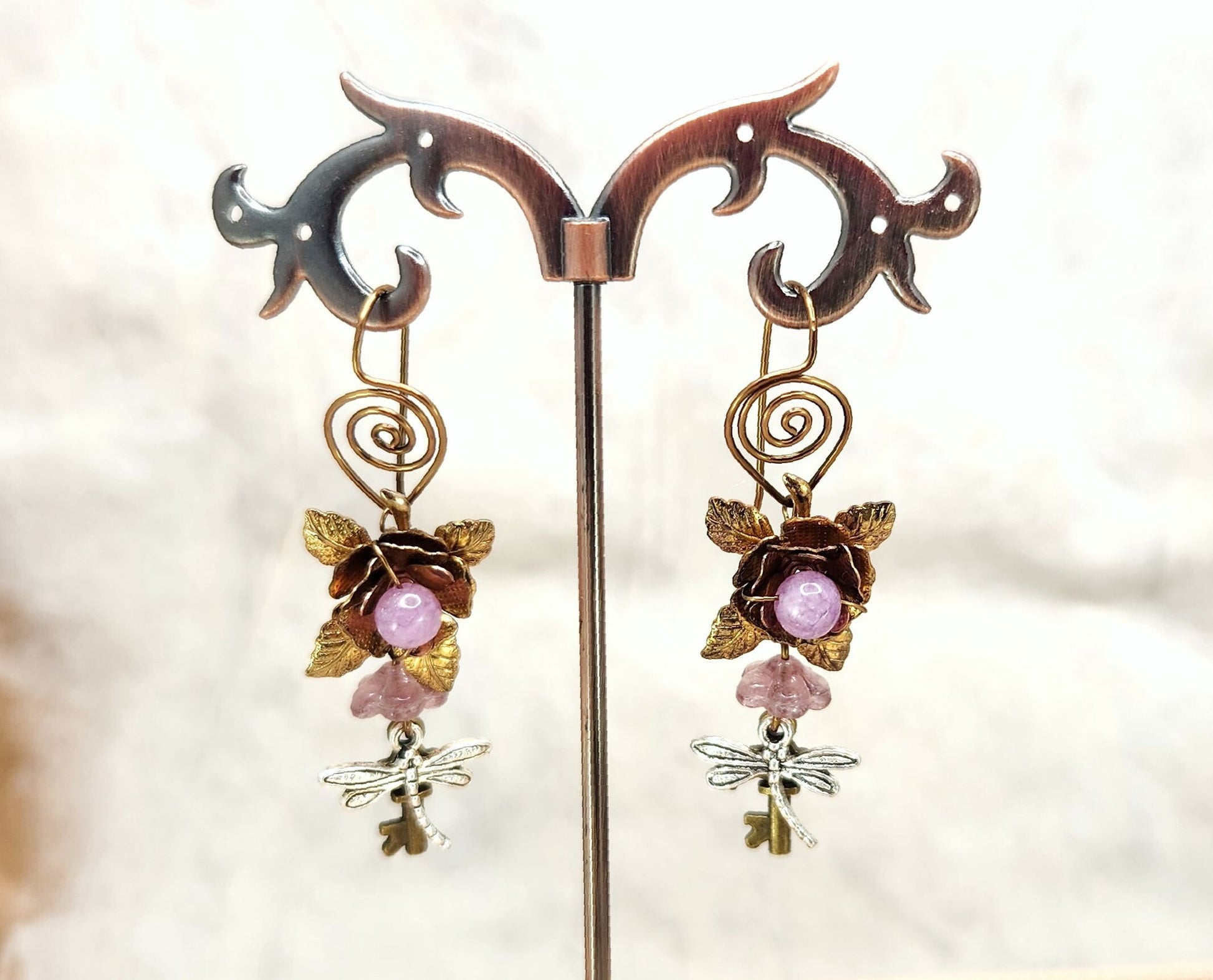 Fairytale Forest Fantasy Rose + Dragonfly + Key Earrings in Purple, Wedding, Bridesmaid, Art Nouveau, Belle Époque, Renaissance