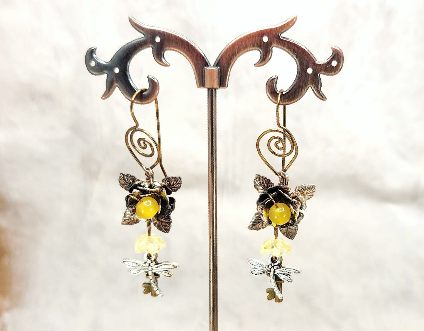 Fairytale Forest Fantasy Rose + Dragonfly + Key Earrings in Yellow, Wedding, Bridesmaid, Art Nouveau, Belle Époque, Renaissance