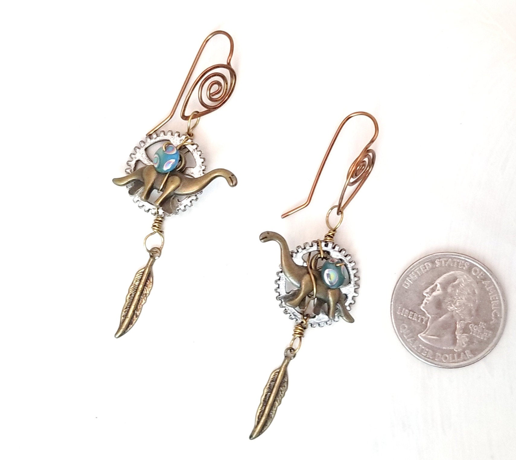Steampunk Dinosaur Earrings in Aqua Blue