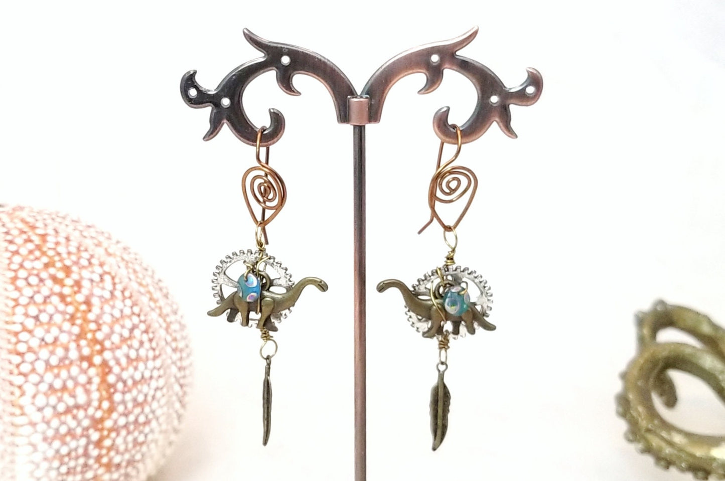 Steampunk Dinosaur Earrings in Aqua Blue