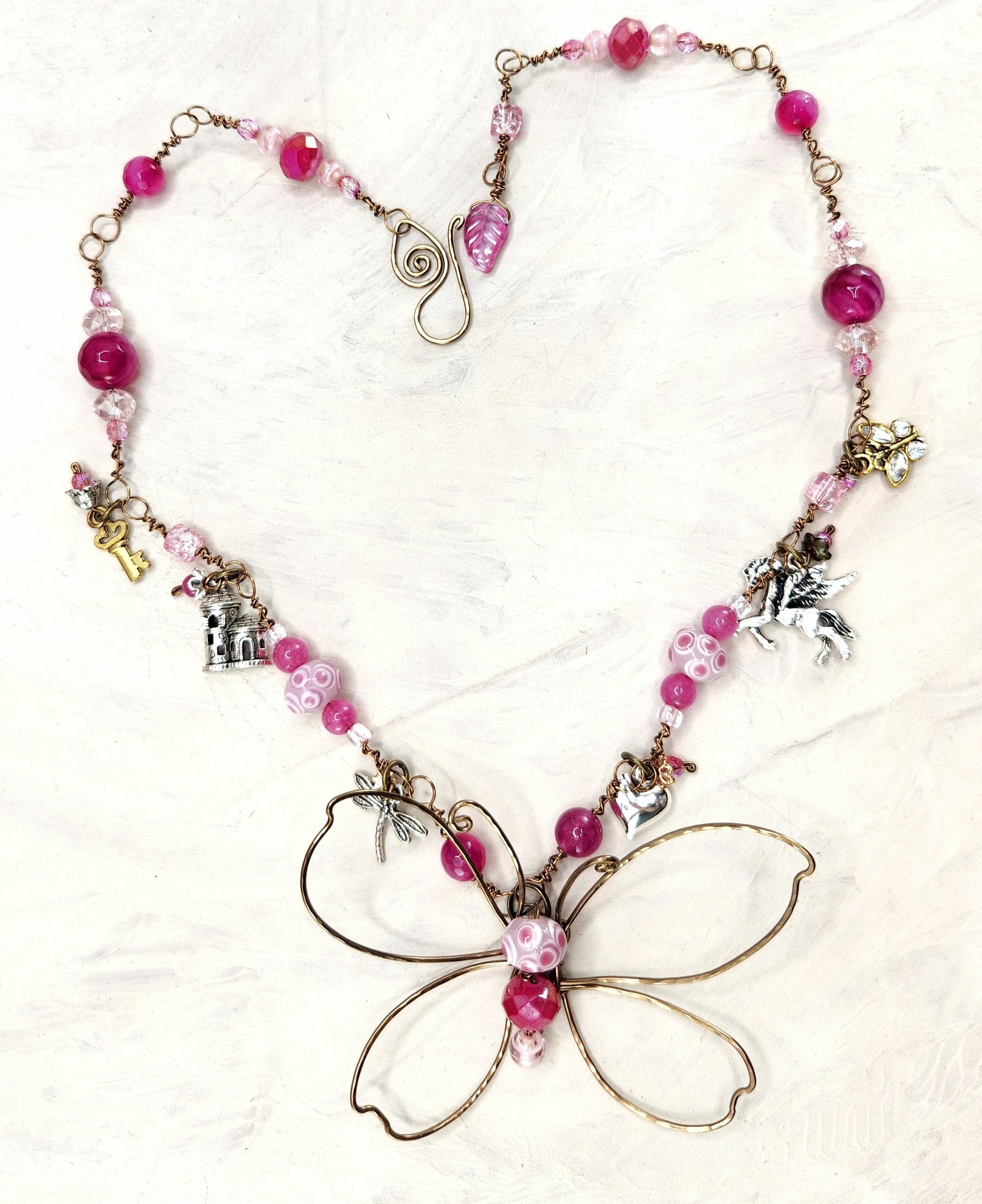 Fairytale Forest Butterfly Necklace in Deep Pink Renaissance Adjustable Length Fantasy Woodland