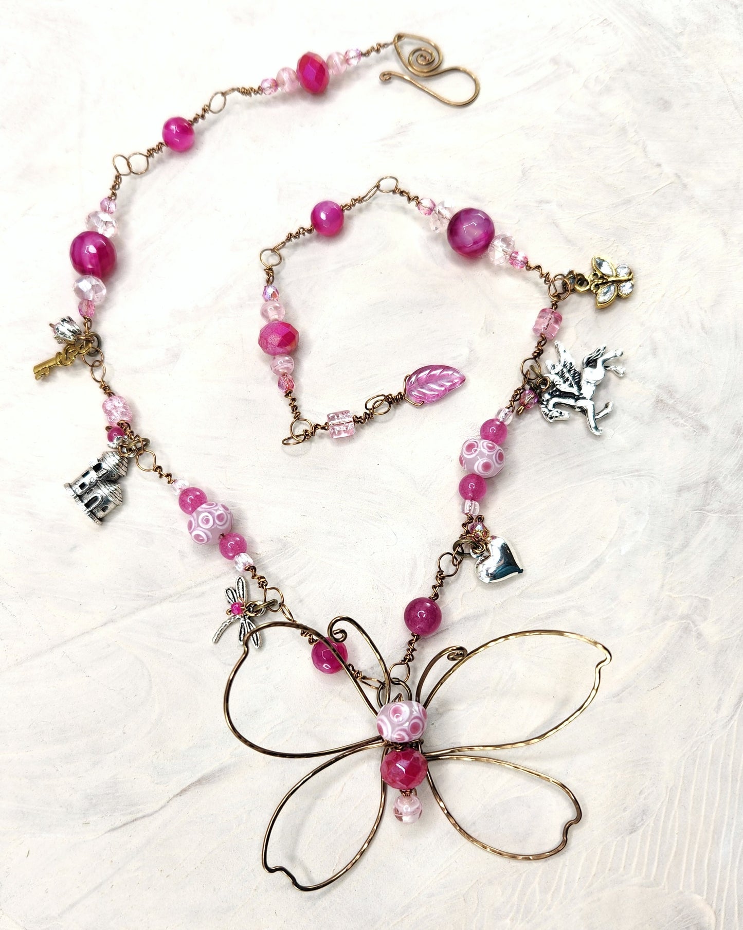 Fairytale Forest Butterfly Necklace in Deep Pink Renaissance Adjustable Length Fantasy Woodland