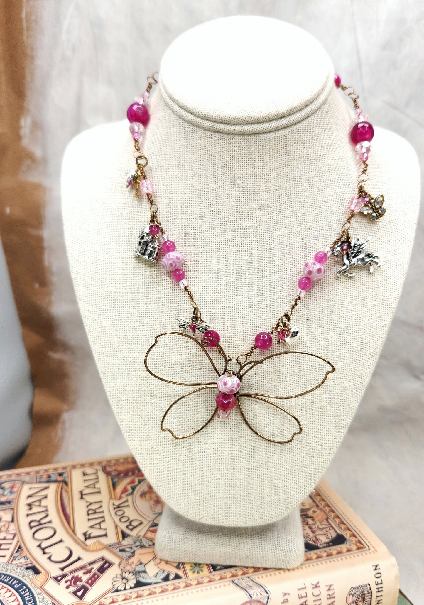 Fairytale Forest Butterfly Necklace in Deep Pink Renaissance Adjustable Length Fantasy Woodland