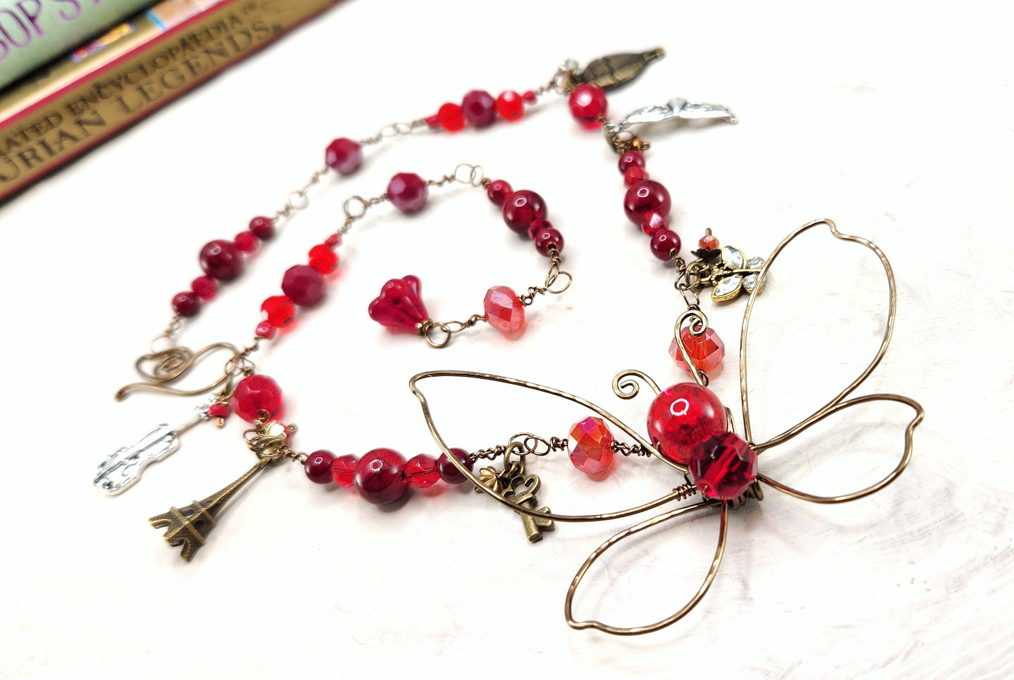 Fairytale Forest Butterfly Necklace in Red Renaissance Adjustable Length Fantasy Woodland
