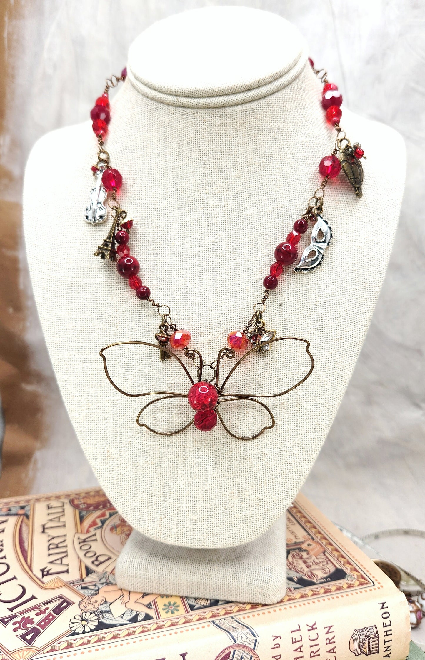 Fairytale Forest Butterfly Necklace in Red Renaissance Adjustable Length Fantasy Woodland