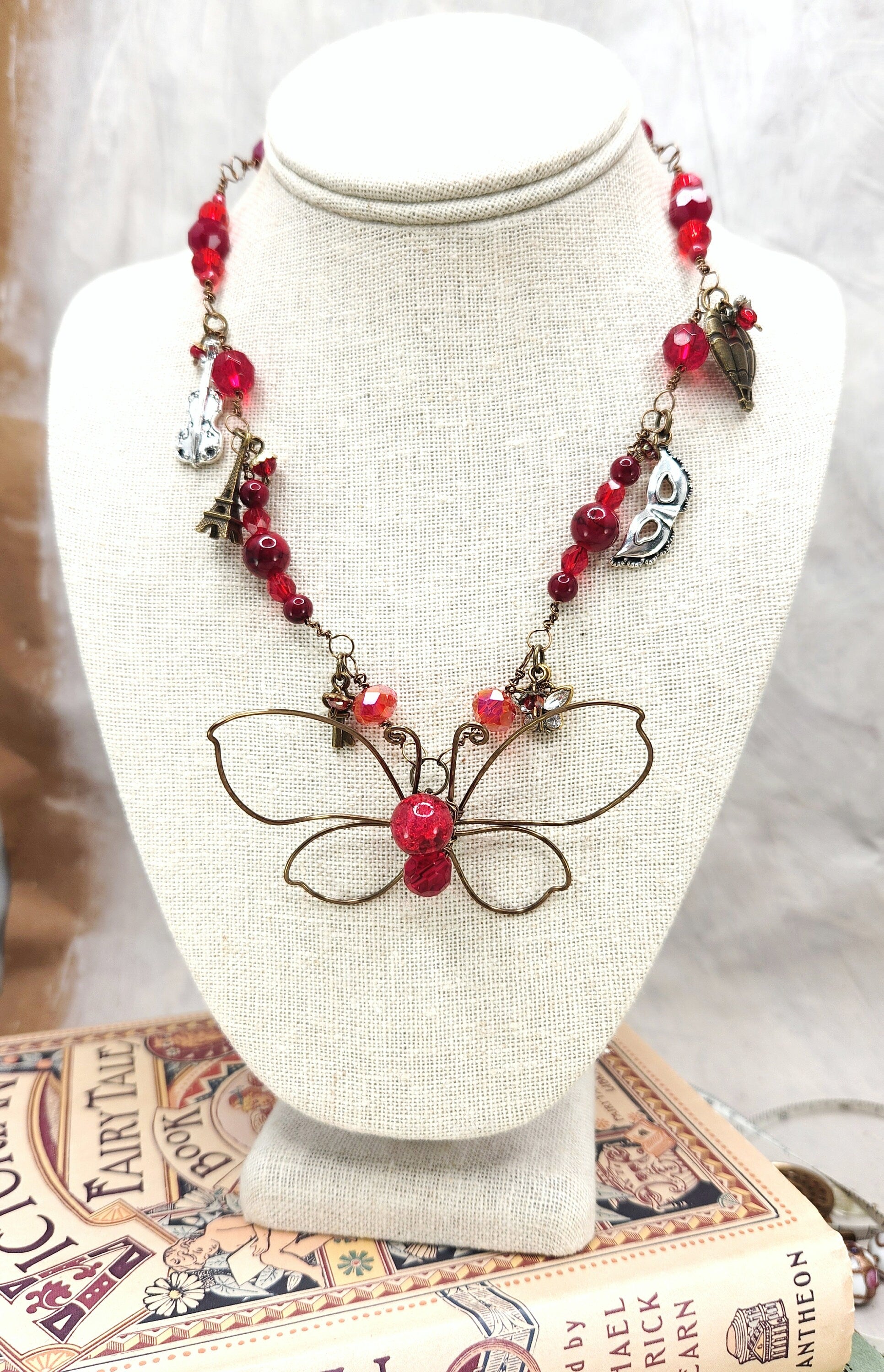 Fairytale Forest Butterfly Necklace in Red Renaissance Adjustable Length Fantasy Woodland