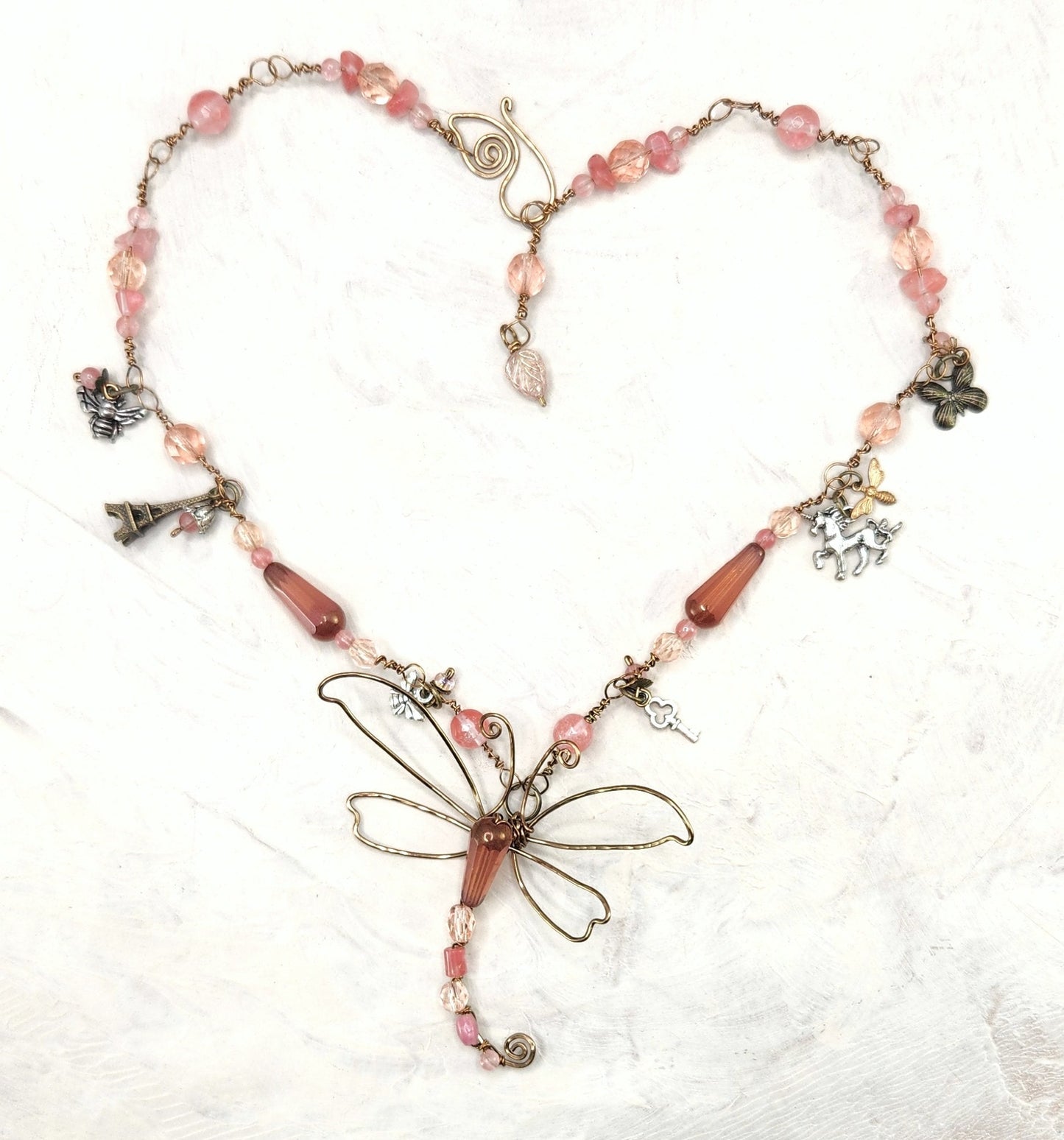 Fairytale Forest Dragonfly Necklace in Antique Pink Renaissance Adjustable Length Fantasy Woodland