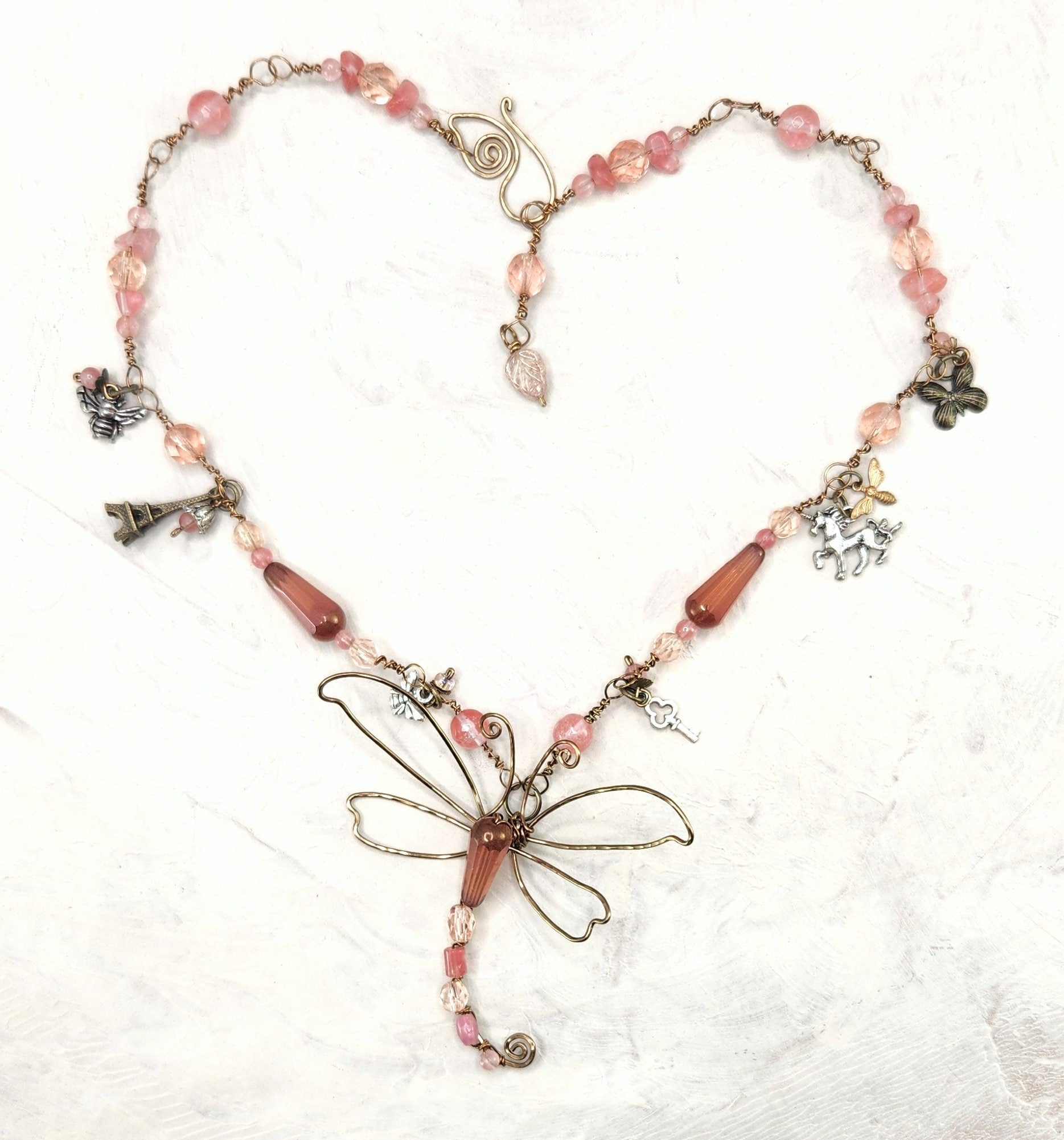 Fairytale Forest Dragonfly Necklace in Antique Pink Renaissance Adjustable Length Fantasy Woodland