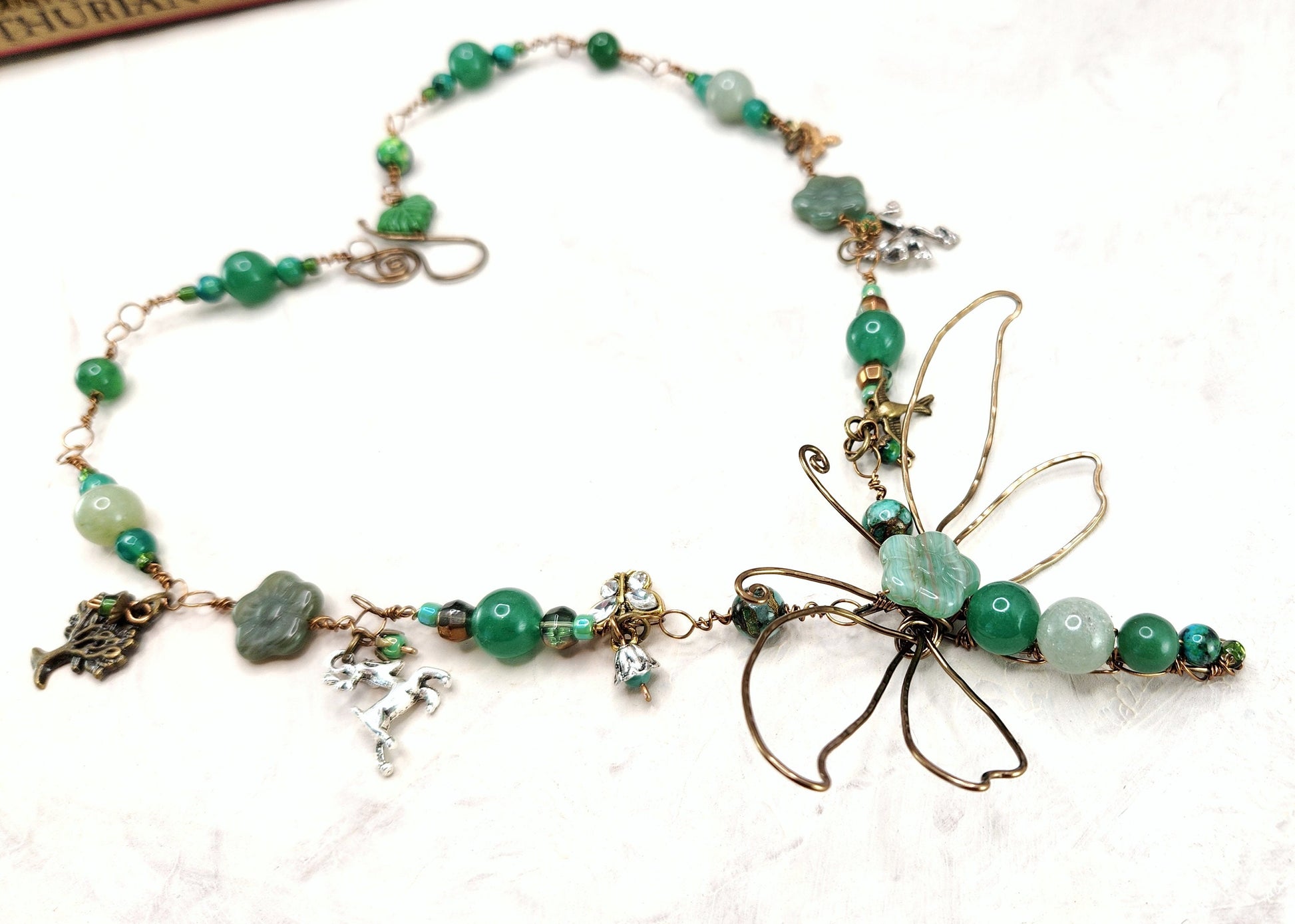 Fairytale Forest Dragonfly Necklace in Green Renaissance Adjustable Length Fantasy Woodland
