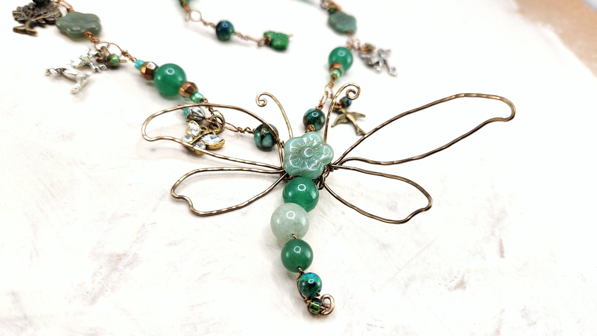 Fairytale Forest Dragonfly Necklace in Green Renaissance Adjustable Length Fantasy Woodland