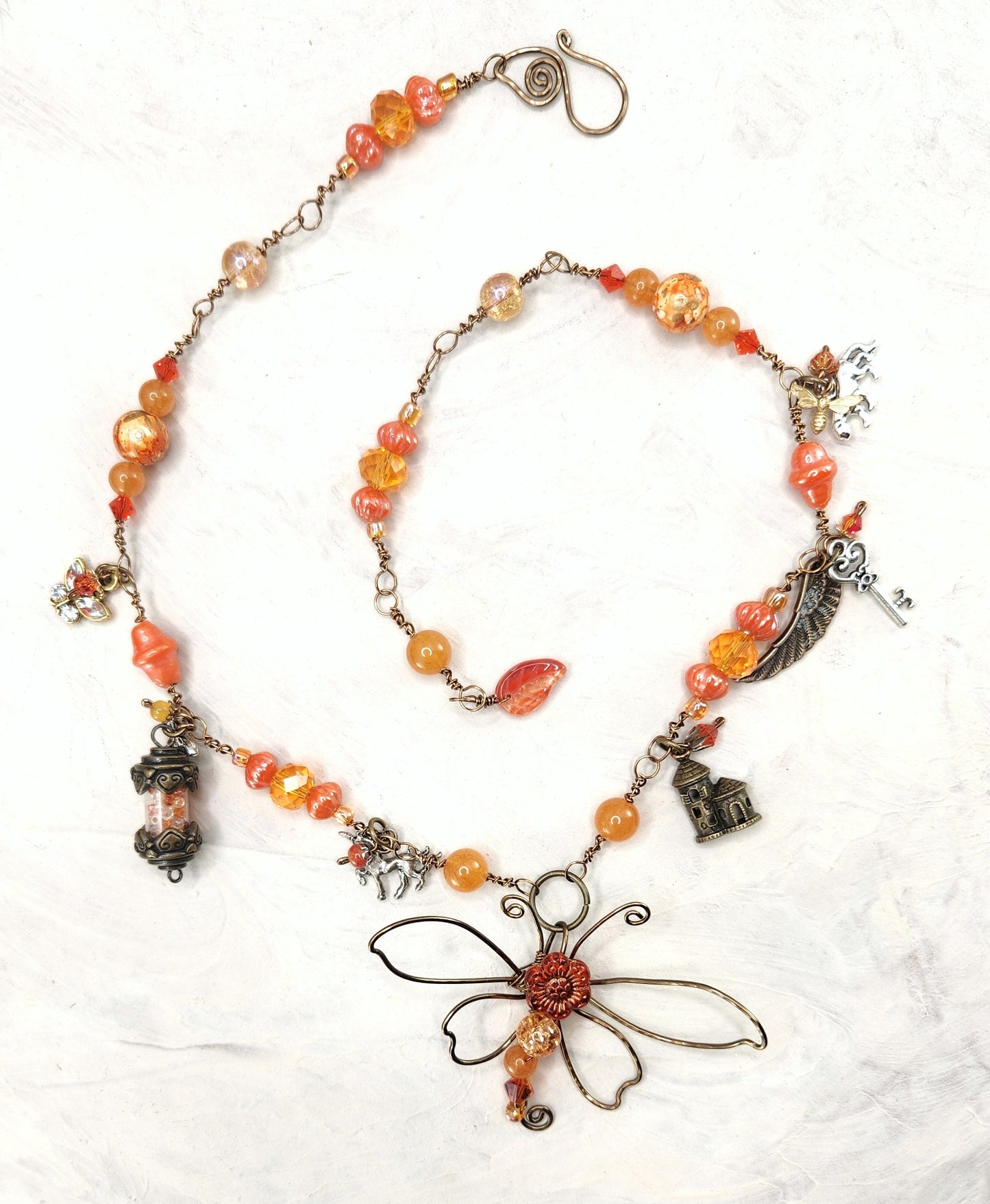 Fairytale Forest Dragonfly Necklace in Orange Renaissance Adjustable Length Fantasy Woodland