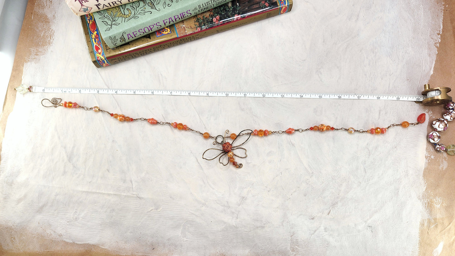 Fairytale Forest Dragonfly Necklace in Orange Renaissance Adjustable Length Fantasy Woodland